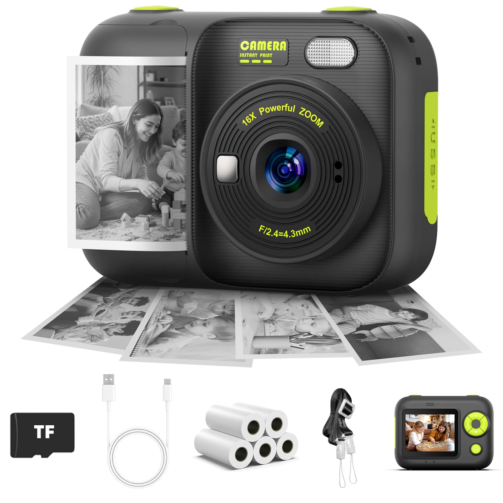 Kids Camera Instant Print with 5 Rolls Print Paper, Instant Camera for Kids with TF Card, 1080P Kids Digital Video Recorder, Gift Toy for Boys Girls (Black)
