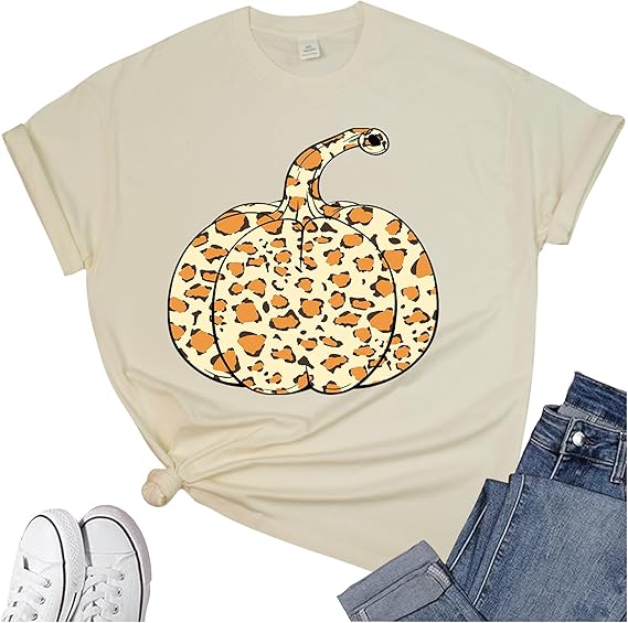 Thanksgiving Shirts for Women: Thankful Greatful Blessed Fall Pumpkin Short Sleeve Crew Neck T-Shirt