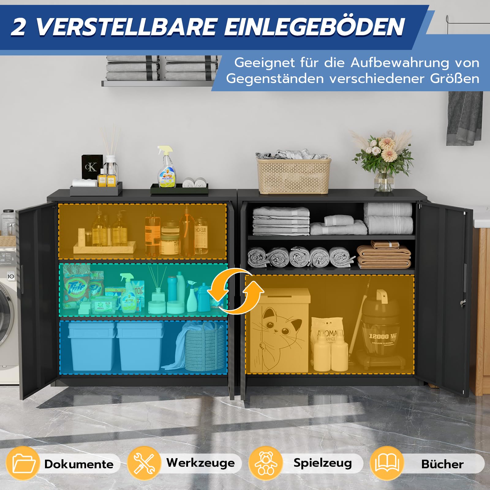 YOUDENOVA Aktenschrank, 90 x 90 x 40 Metallschrank abschließbar mit 2 Türen, Mehrzweckschrank mit 3 Ebenen, verstellbare Ablagen, Werkzeugschrank für Büros, Ateliers und Garagen, Schwarz