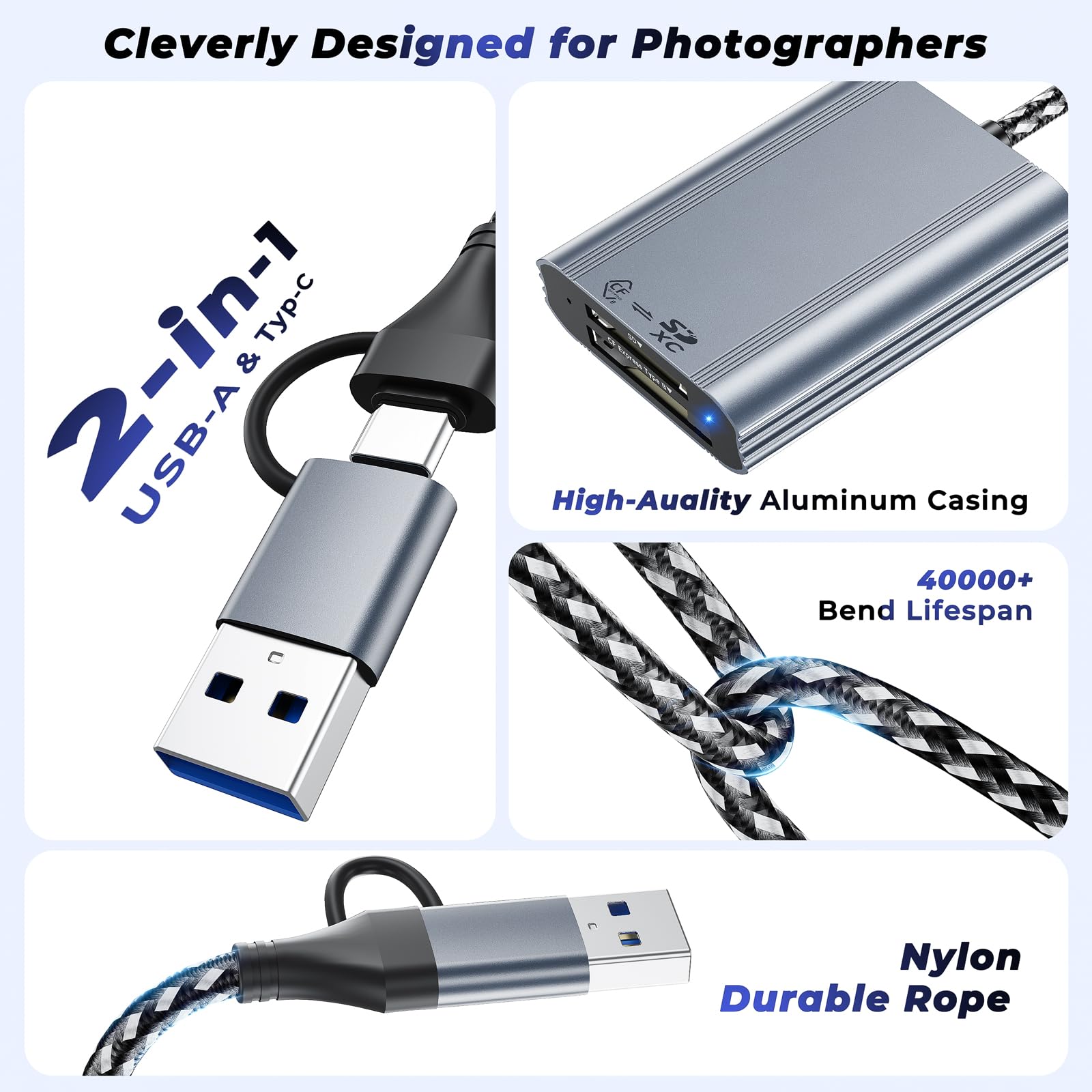 CFexpress Lecteur de carte mémoire externe 2 en 1 type B et SD 10 Gbit/s USB 3.1 Gen2, aluminium USB-A/USB-C Type B CFexpress Adaptateur lecteur de carte mémoire externe compatible Windows/Mac OS
