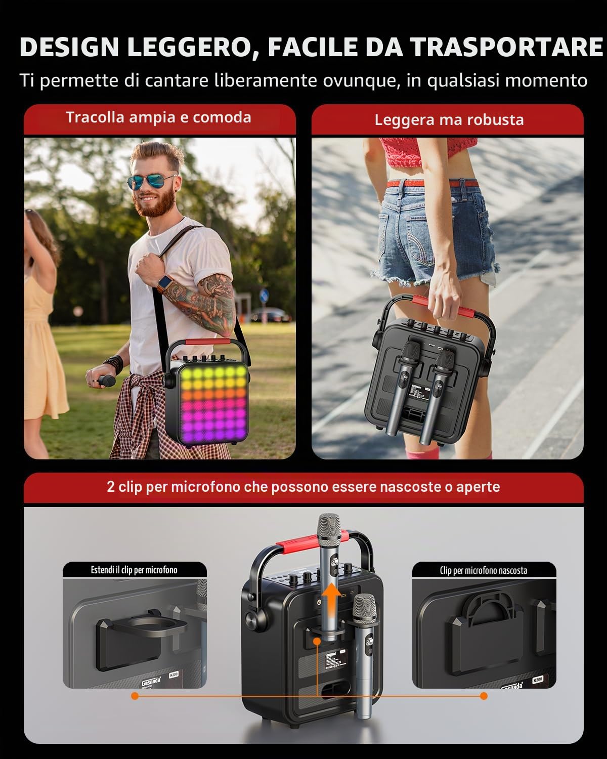 Karaoke con 2 Microfono, Casse Karaoke Professionale Completo,Portatile Bluetooth con modalità karaoke/MIC modalità priorità/TWS/REC/EQ/FM/regolazione dei toni alti e bassi/ECHO,Supporta USB/TF/AUX