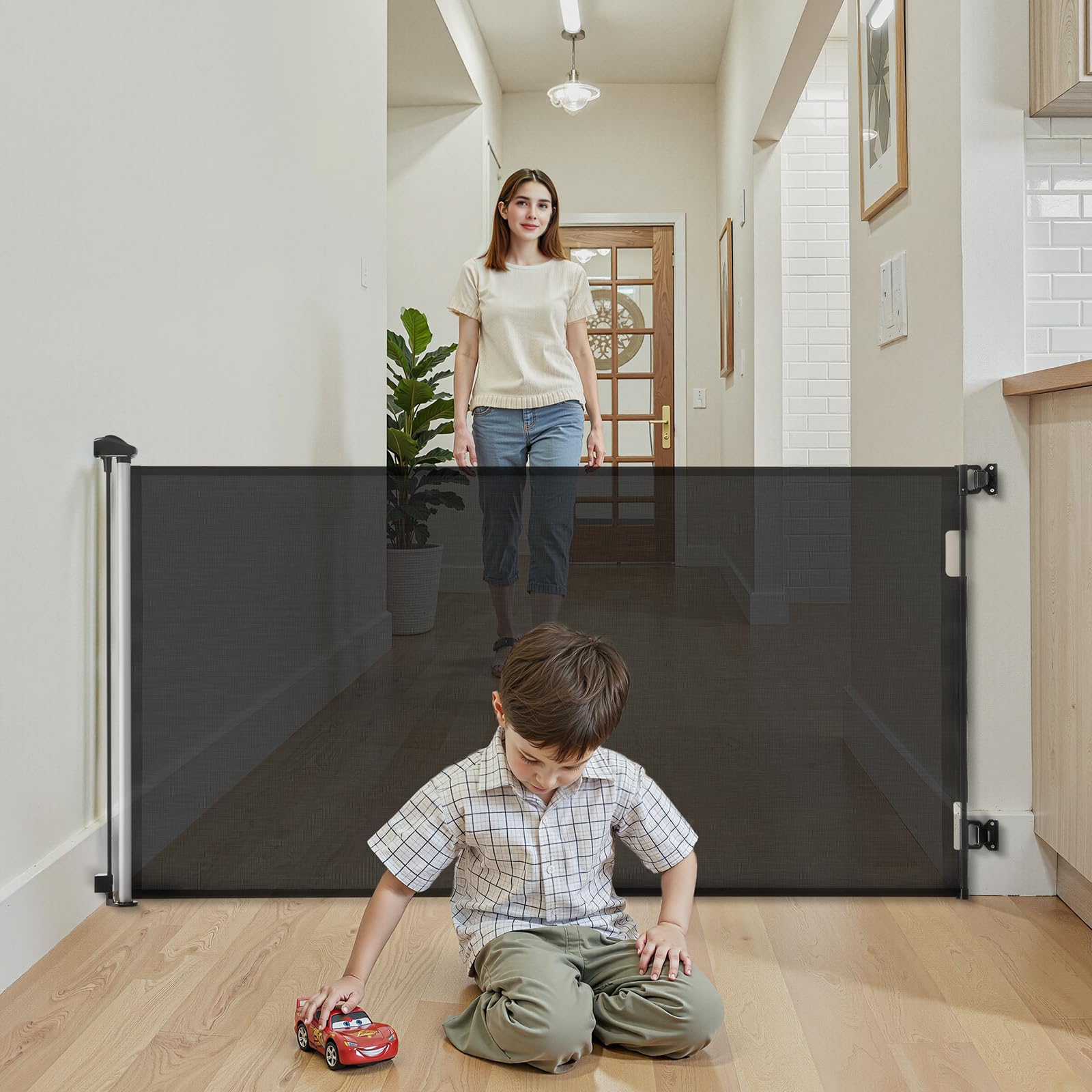 VEVOR Cancelletto Retrattile, Installazione Interna 1850 mm di Larghezza, 980 mm di Altezza, con Strisce in Fibra di Vetro Rinforzata, Impedisce che Si Infilino, Cancelletto in Rete per Cani, Nero