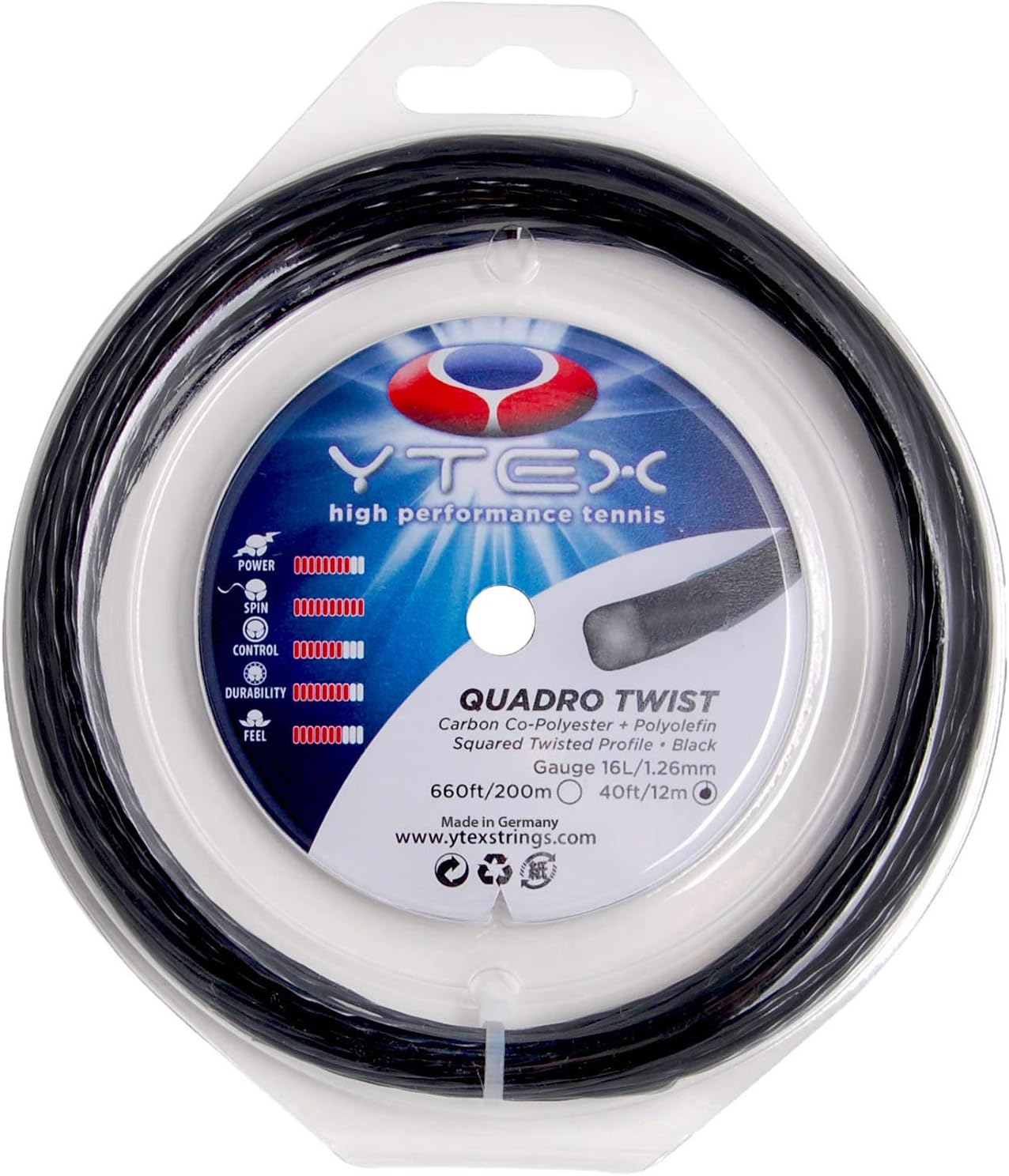 YTEX Quadro Twist Tennis Racket String (Gauge 16-1.26mm), Black, 40-Feet/12m