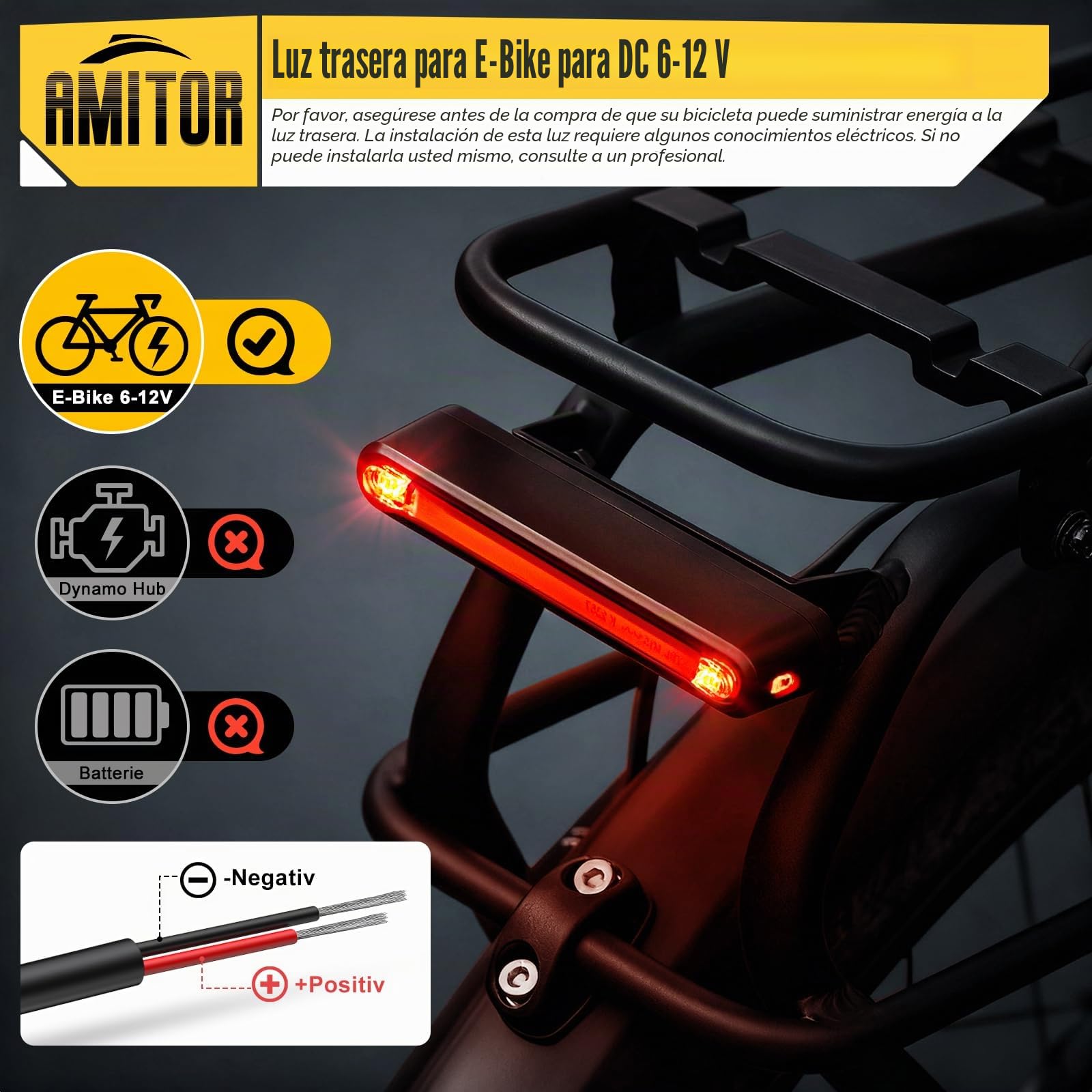 Ebike - Luz trasera para bicicleta eléctrica (6 – 12 V, con luz de freno, homologada por StVZO, luz trasera LED para bicicleta eléctrica con cable, luz trasera segura y fiable, portaequipajes)