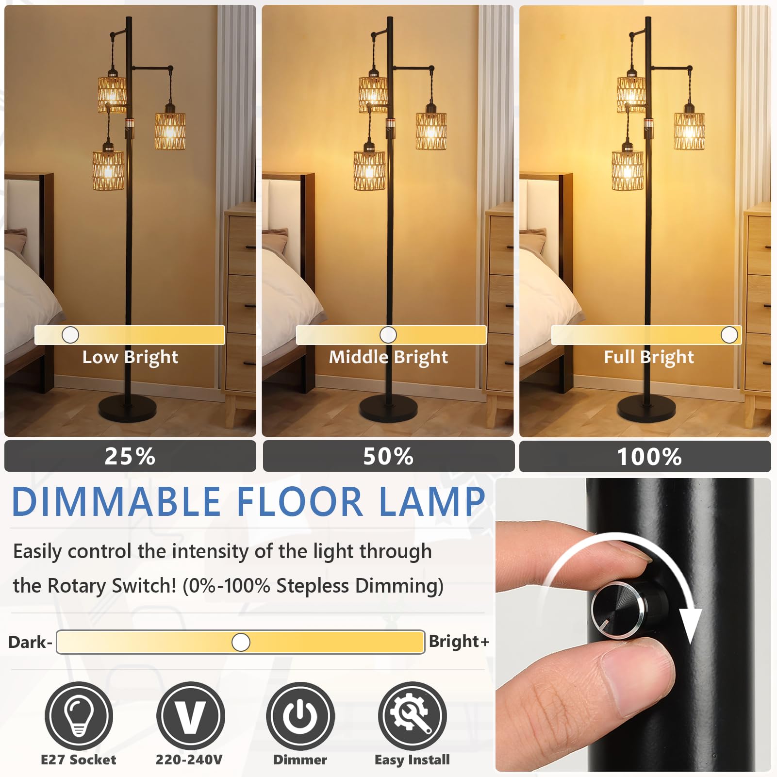Rayofly Dimmbare Rattan-Stehlampe, 3-flammige Boho-Lampe mit stufenlosem Dimmer, Industrielampen für Wohnzimmer, hohe Baumschirme, Bauernhaus Stehschlafzimmer, Schwarz-3 Lichter