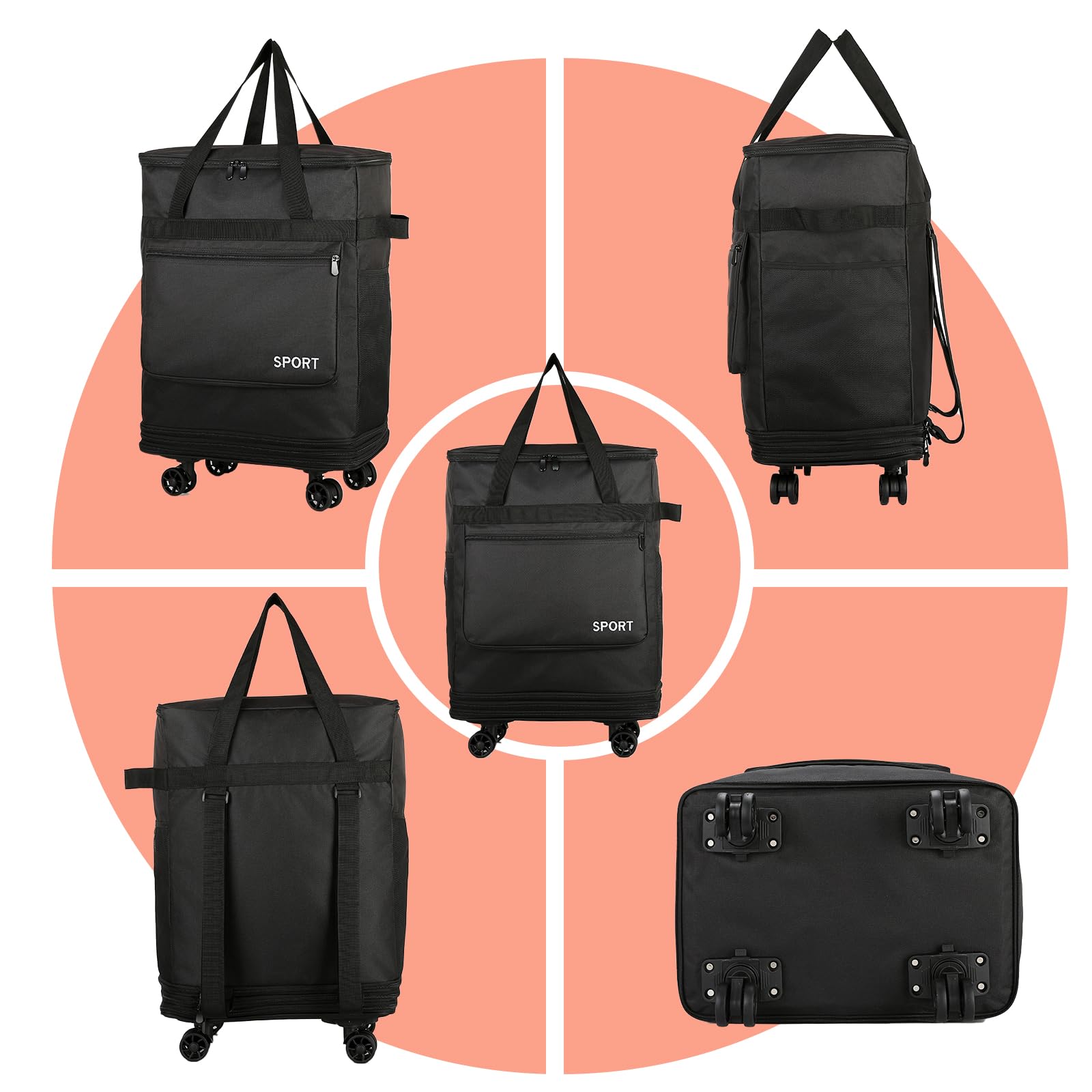 Faltbare Reisetasche Mit Rollen groß, Erweiterbar, Wasserdicht, Zusammenklappbar, Handgepäck Tasche, Reisetasche Mit Rollen und Griff, Schwarz