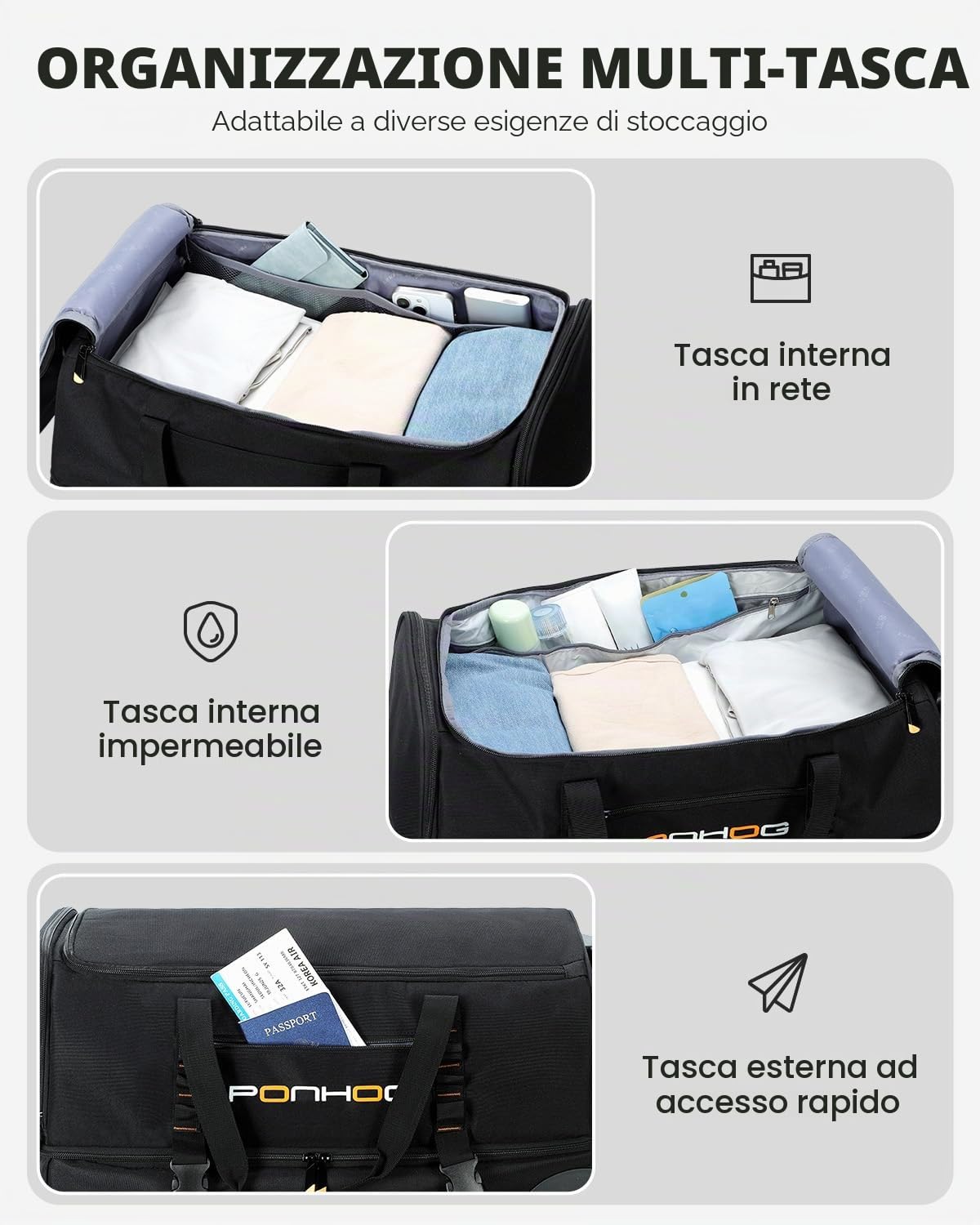 Ponhog Borsone da Viaggio con Ruote - Borsone Trolley con Ruote Impermeabile per Vacanze, 55cm/56cm/65cm