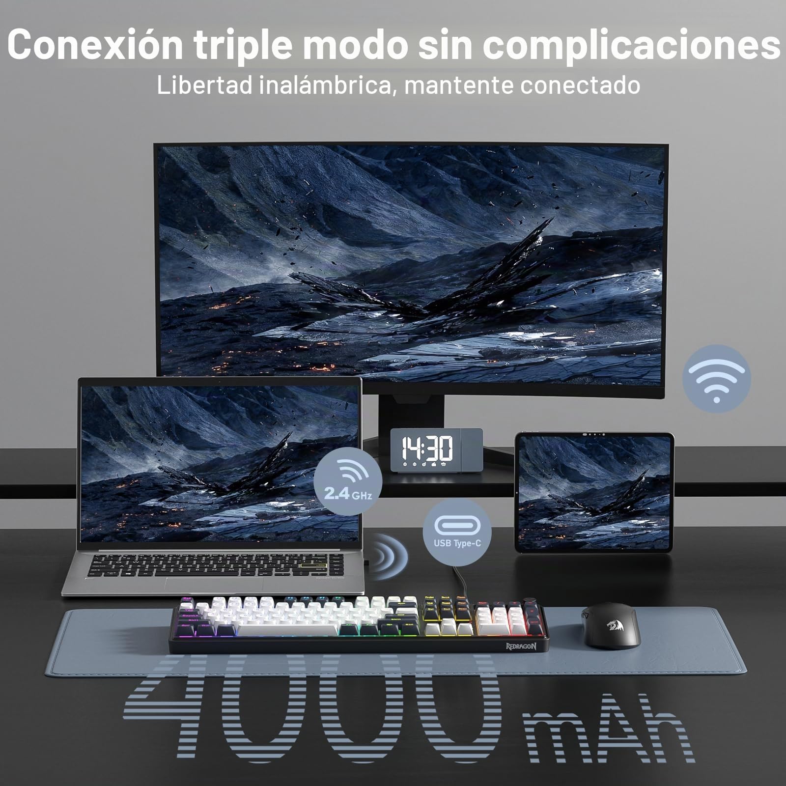Redragon K761 Teclado Gaming Inalámbrico Pantalla Hype Perilla 104 Teclas | Pantalla TFT 1.14 Pulgadas Fácil Control 5 Capas Amortiguación Ruido Mecánico Gasket