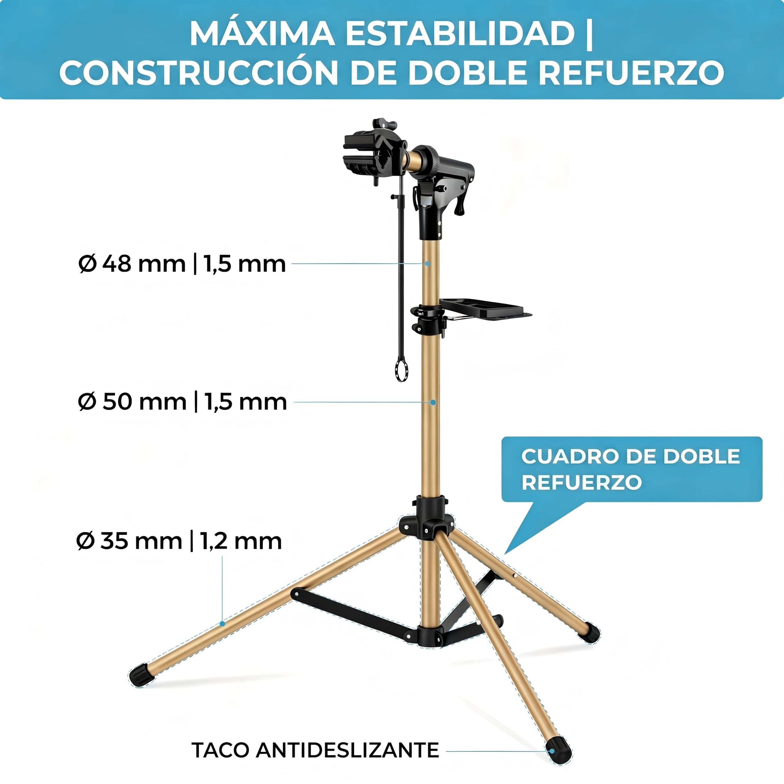 Caballetes para bicicletas de aluminio tres patas, reparación y montaje, totalmente plegable, doble cierre seguridad, diseño compacto, ultraligero, bandeja magnética de gran tamaño