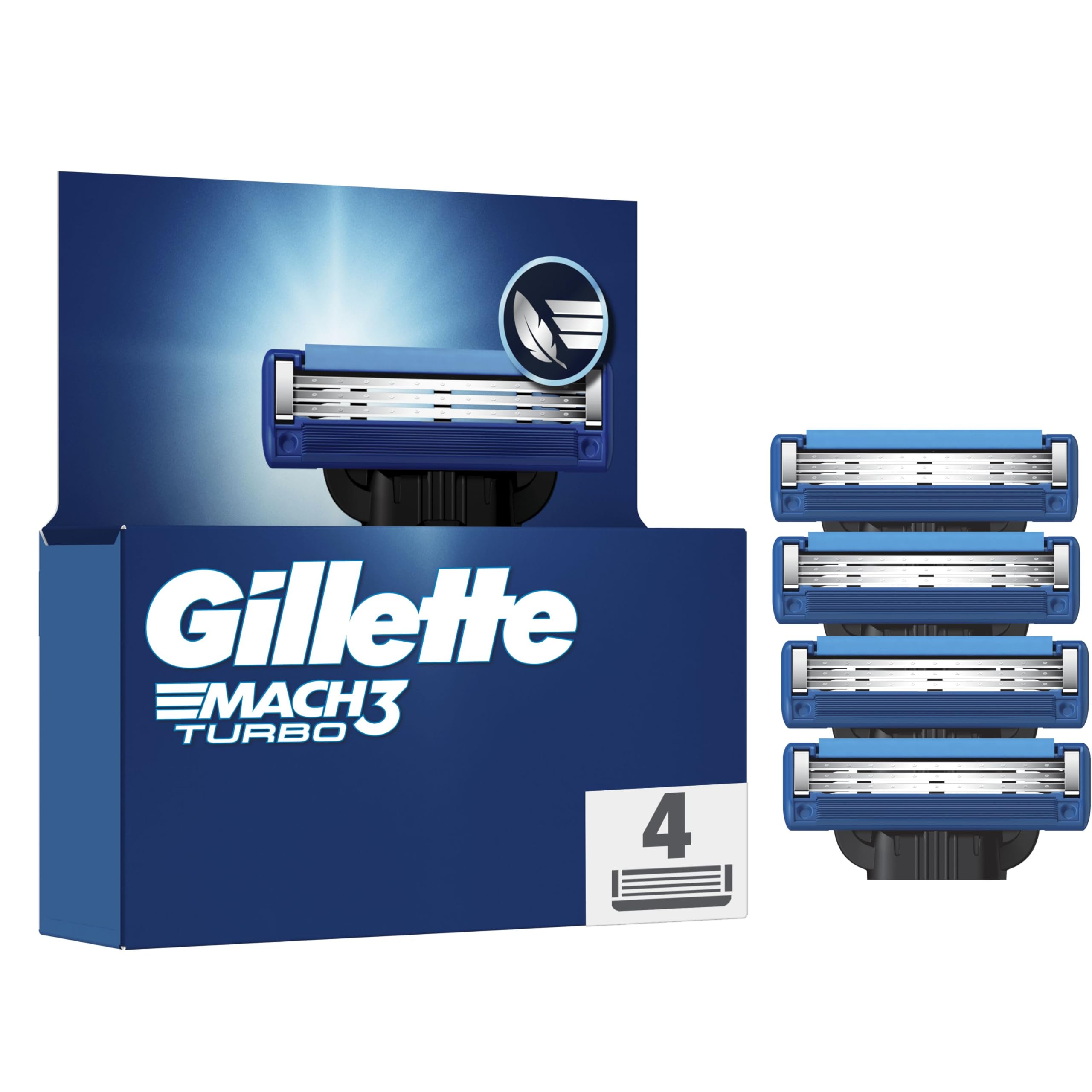 Gillette Lames de Rasoir Homme Mach 3 Turbo, Pack de 4 | Cartouche avec un Revêtement pour Réduire la Pression sur la Peau, en Acier Inoxydable, 1 Recharge Jusqu’à 15 Rasages