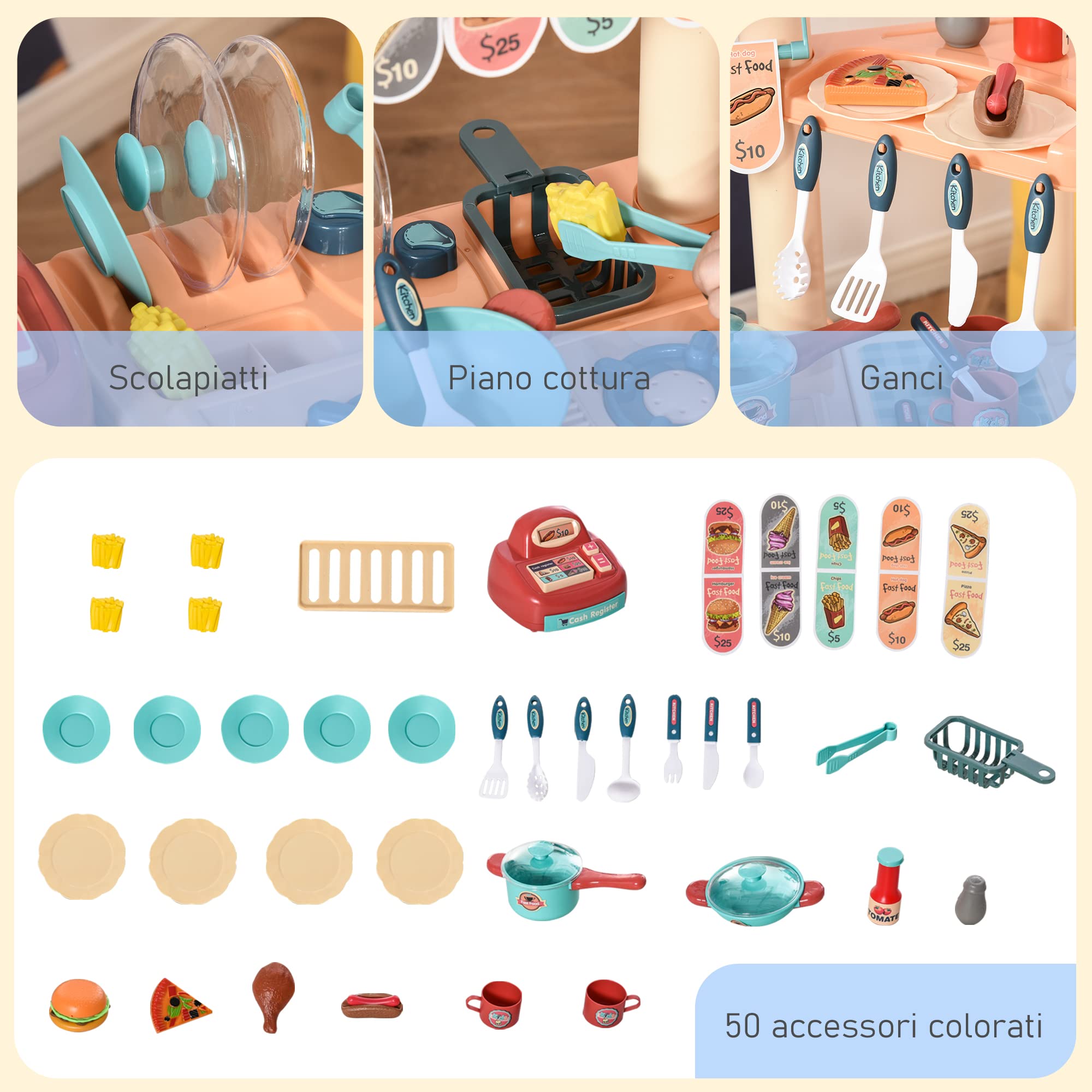 HOMCOM Cucina Giocattolo Per Bambini 3-6 Anni, Caffetteria Ristorante con 50 Accessori Inclusi, 79.5 x 33 x 90.5cm