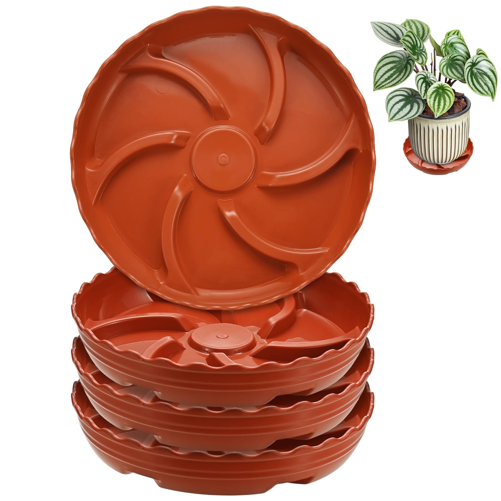 M METERXITY 4-Pack Plant Saucer, 6.9 Inch/17.5 cm Plastic Plant Trays Thicker for Pots/Indoor/Outdoor/Water Drainage and Protection, Flowerpot Drip Tray [Red]