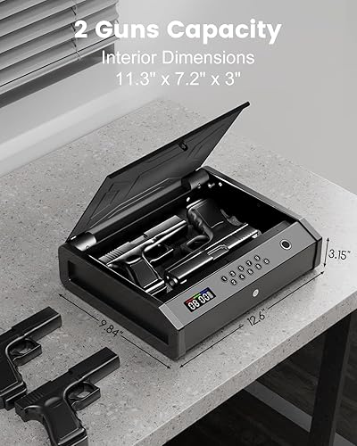 Miniatura 7 de HOLEWOR Caja fuerte para armas, caja fuerte biométrica para pistola con pantalla LCD de batería de tiempo, segura para pistola de huellas