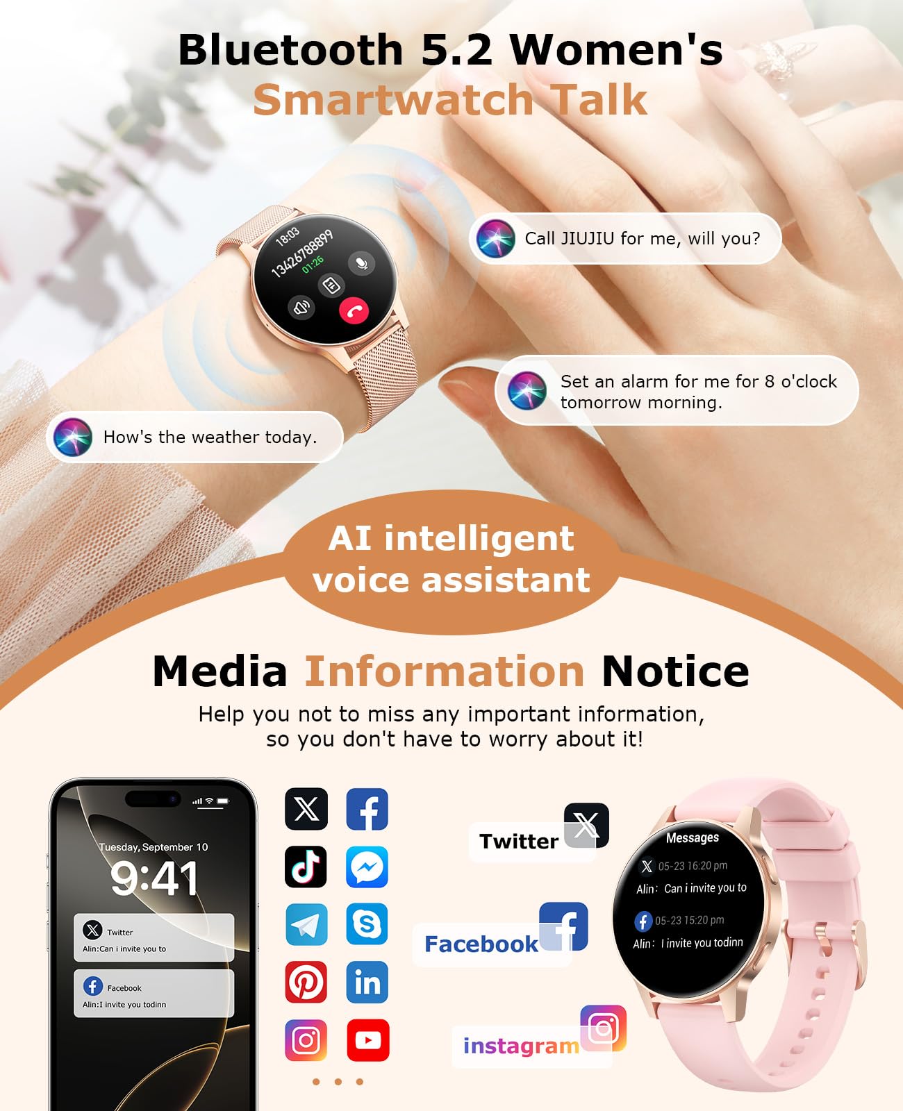 Miecgth 2025 Smartwatch Donna con SIRI/ET/HRV, 1.27" TFT Orologio Donna con Chiamate Cardiofrequenzimetro Ciclo Mestruale IP68 24H Sonno Caloria Fitness Tracker per Android & iOS (Oro rosa)