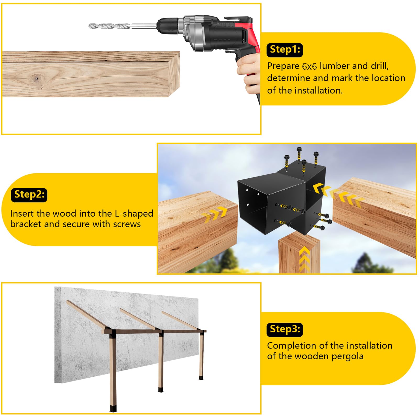 Soporte de pérgola en forma de L de 15 grados, 4 unidades, soporte de esquina de 2 vías para cenador de 6 x 6 (tamaño real: 5.5 x 5.5 pulgadas), vigas de madera para interiores y exteriores