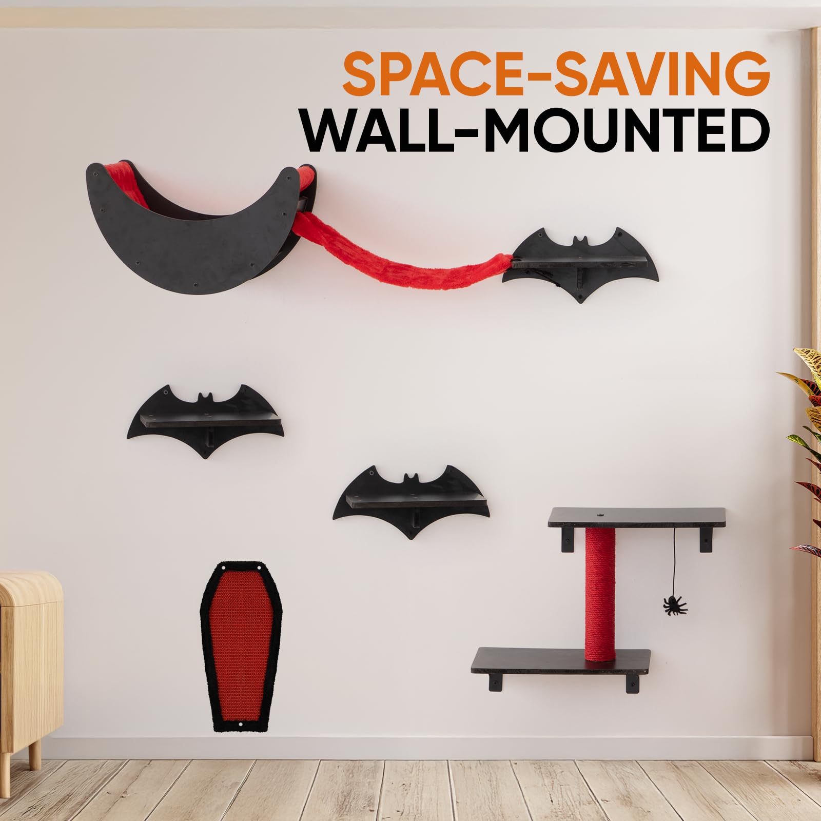 Gothic Cat Wall Shelves 7pcs Wall-Mounted Cat Climber Set Cat Tree Cat Bed with Bridge Ladder Steps Scratching Board Posts Hanging Spider Toy Cat Condo Furniture for Cats