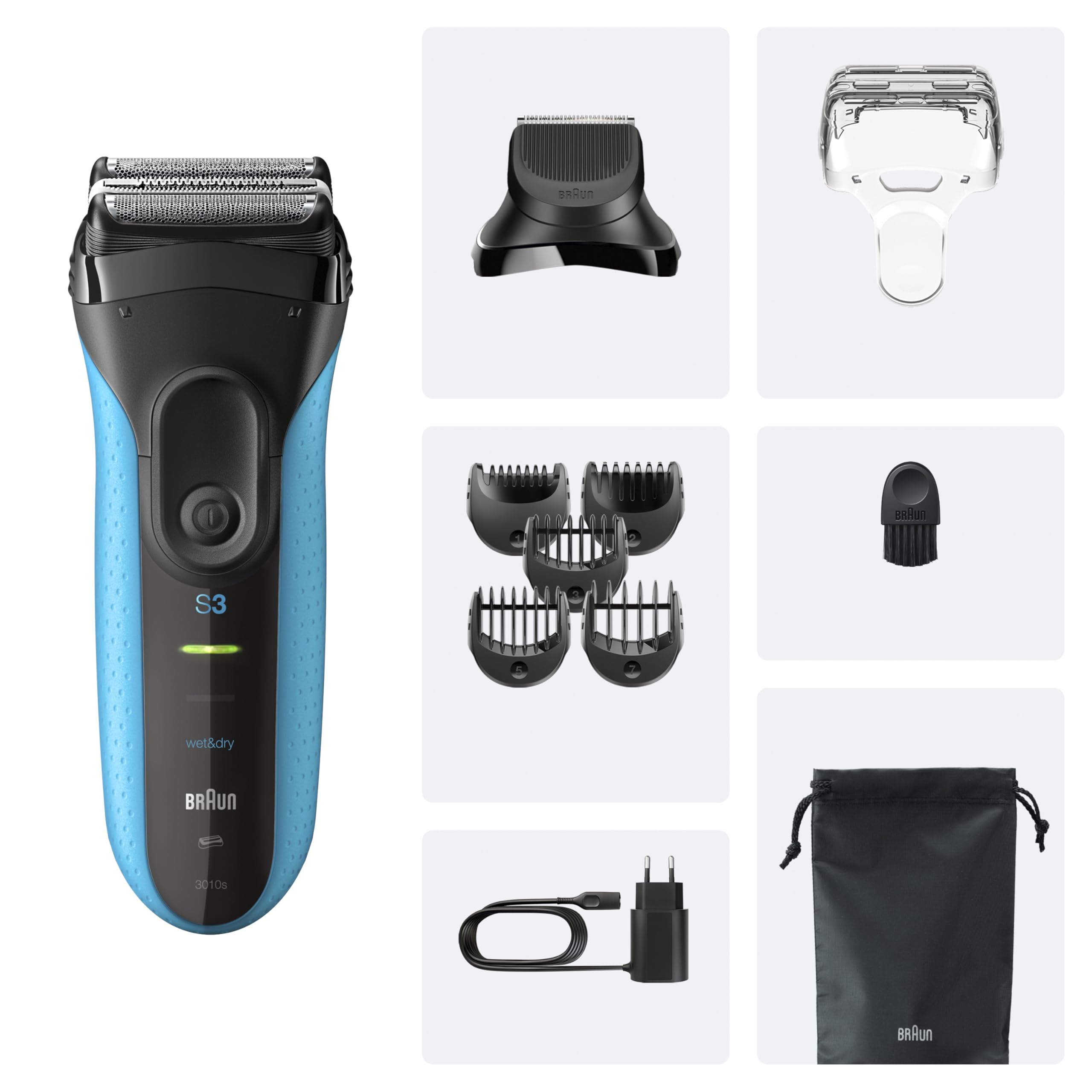 Braun Rasoir Électrique Homme Series 3 3010BT, Bleu | Etanche, Batteries Rechargeables, Lames Flexibles, Peigne MicroComb, Coffret avec Accessoire Tondeuse à Barbe, 5 Sabots