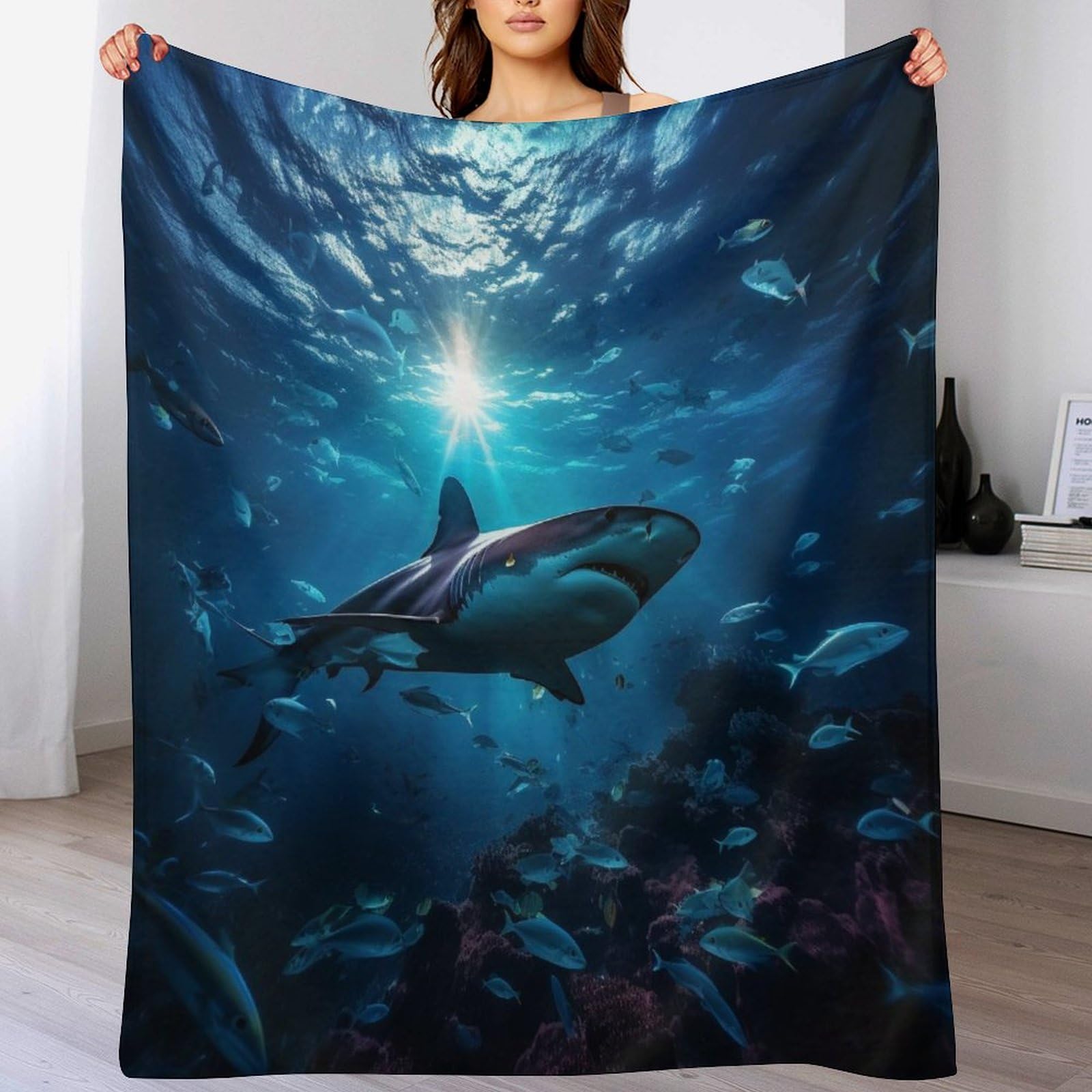 PAZZK 3D Shark Plush Bed Blanket, Fleece Blanket for Kids Teen Young Boys Girls, Anti Pilling Throw Blanket Modern Fashion Throw Bedroom Decor Plush Sofa Couch Blanket（130×150cm）