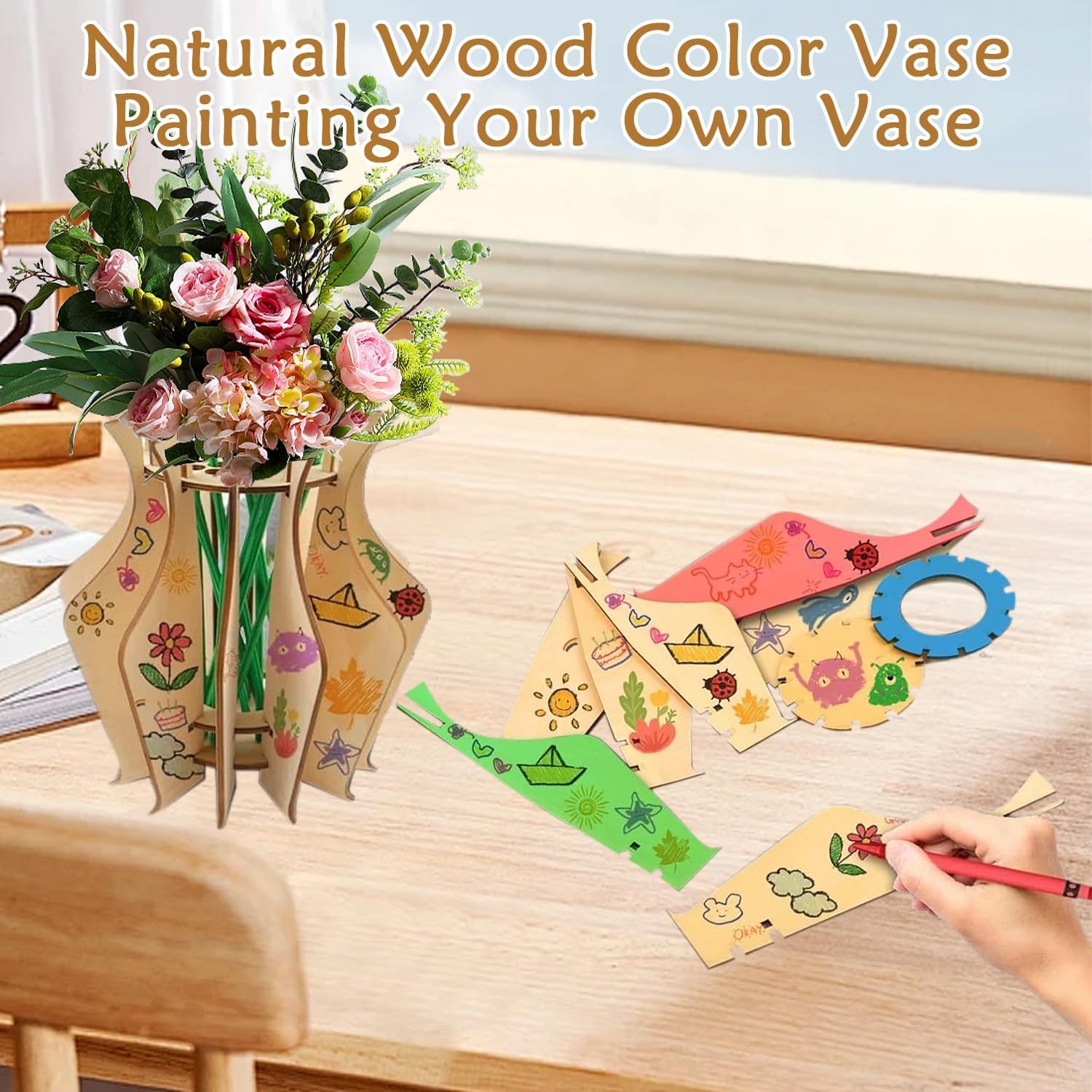 Wooden Puzzle Vase for Lego Flower Bouquet Building Set, Display Stand for Roses Sunflowers, Wildflowers, Daffodils, Lotus - Image 2