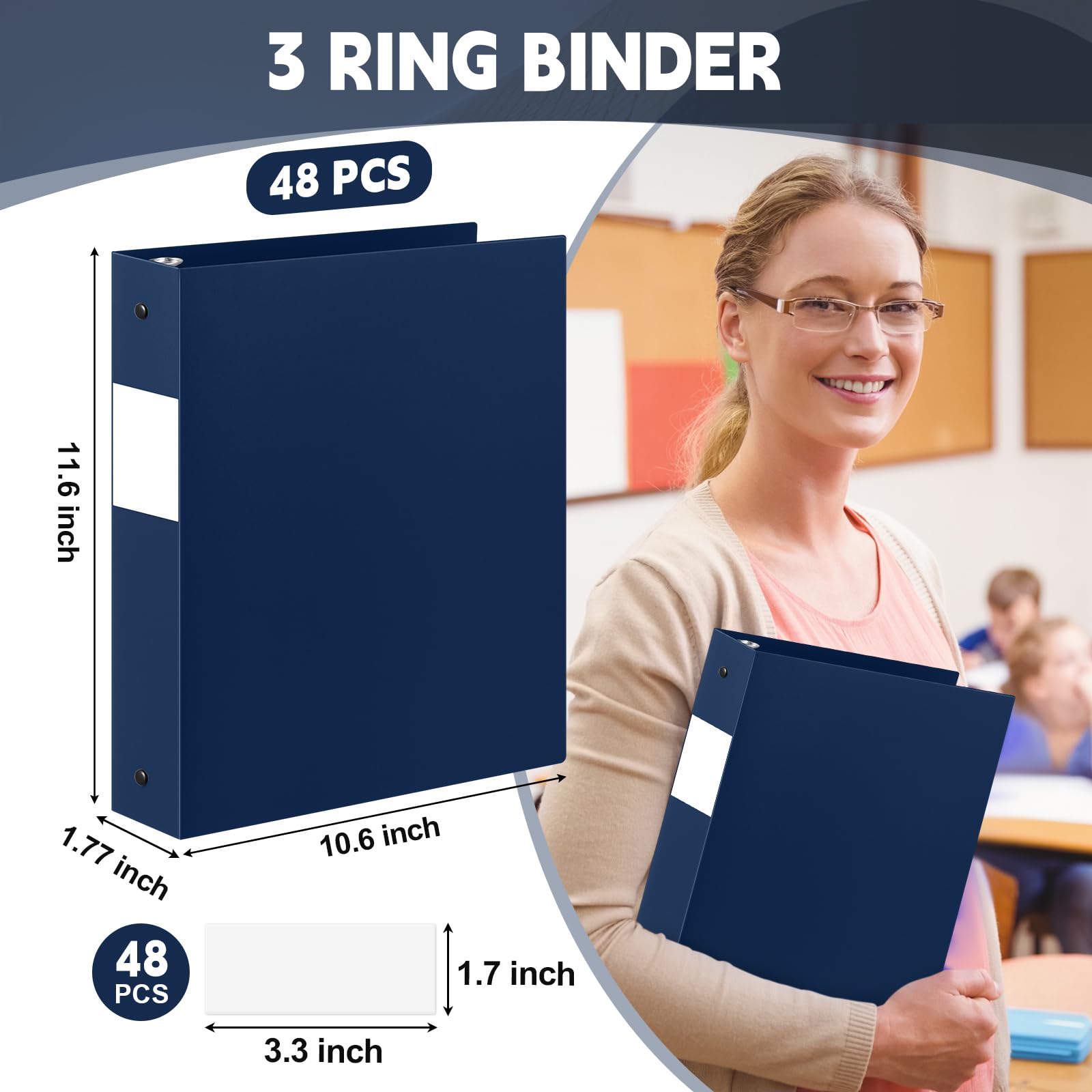 Henoyso 48 raccoglitori a 3 anelli da 3,8 cm, in plastica flessibile, rotondi, adatti per lettere da 21 x 28 cm, contiene 300 fogli con 1 tasca, per ufficio e scuola (blu navy)