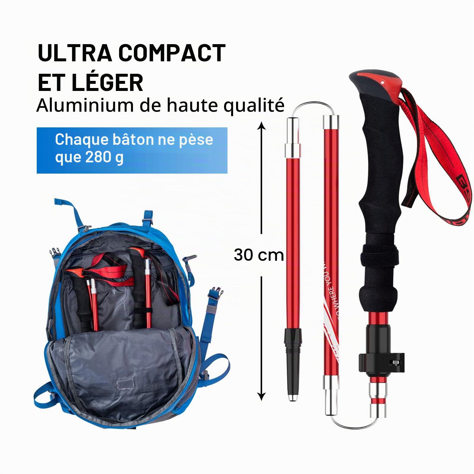 BISINNA Bâtons randonnée Pliables Alu lot 2 verrou Rapide 4 Saisons | Pliables, légers, verrouillage rapide. Idéal pour camping et randonnée.