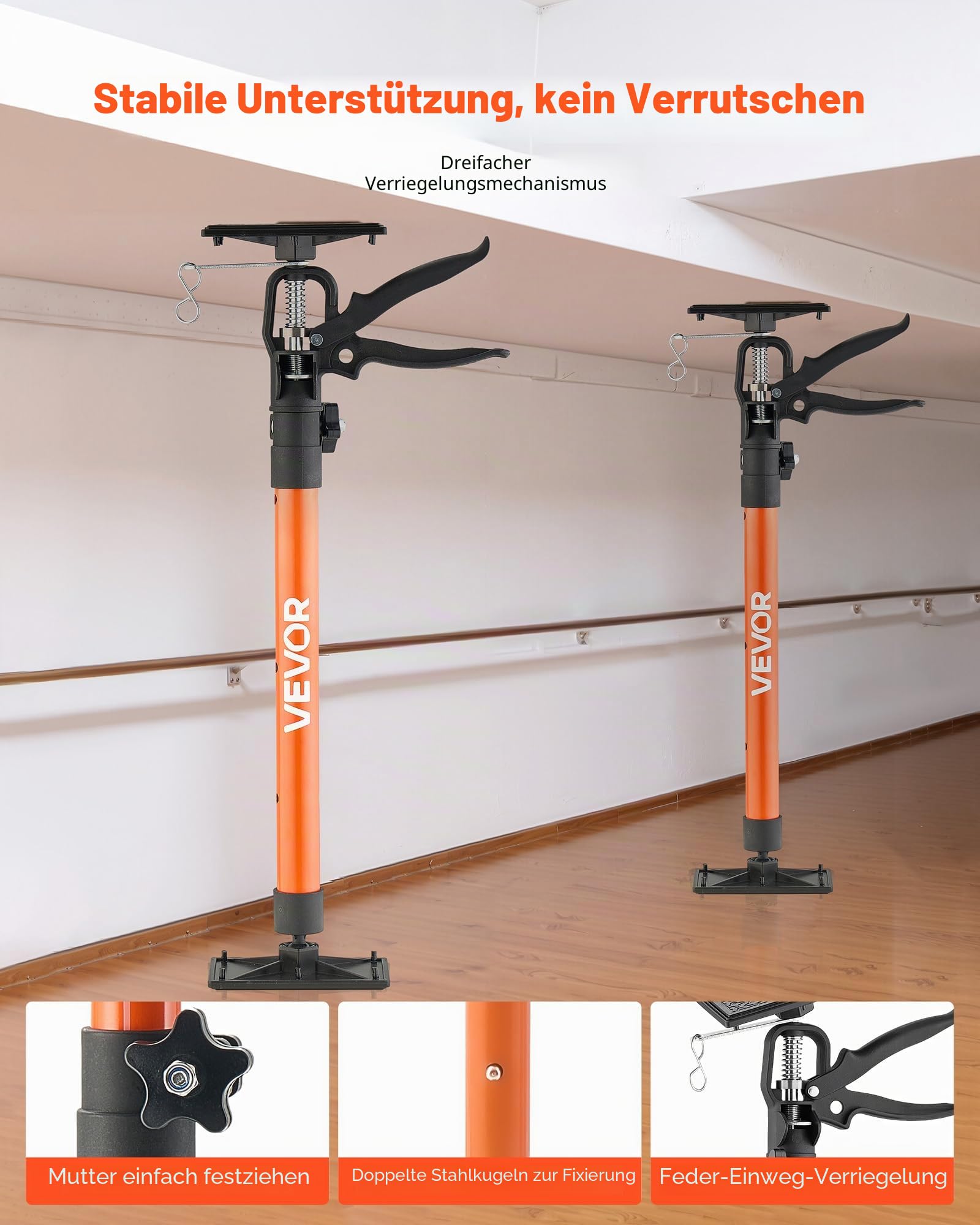 VEVOR Einhandstütze, 2 Stk., Deckenstütze 53–155cm, Teleskopstütze aus Stahl, Montagestütze bis zu 70kg Kapazität zum Installieren von Schränken, Anheben von Trockenbauwänden, Frachtstangen