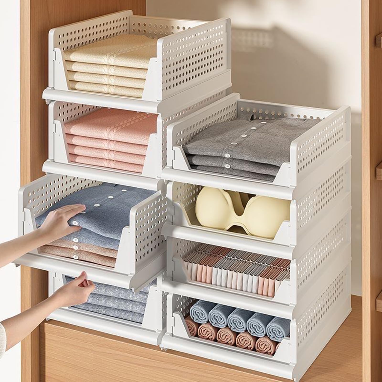 4 x organizer impilabile per cassetto, abbigliamento impilabile, cassetto scorrevole, portaoggetti per armadio, cucina, bagno, camera da letto (bianco, set di 4, 33,5 x 43 x 72 cm)
