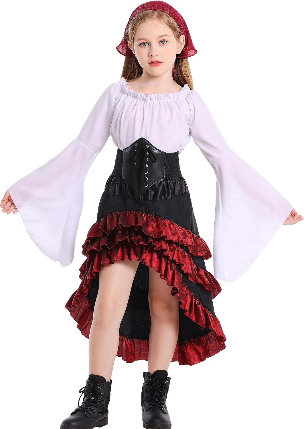 SEAUR Girls Renaissance Outfit Skirt Pirate with Renaissance Medieval Long Sleeve Shirt Corset Waist Belt Headscarf