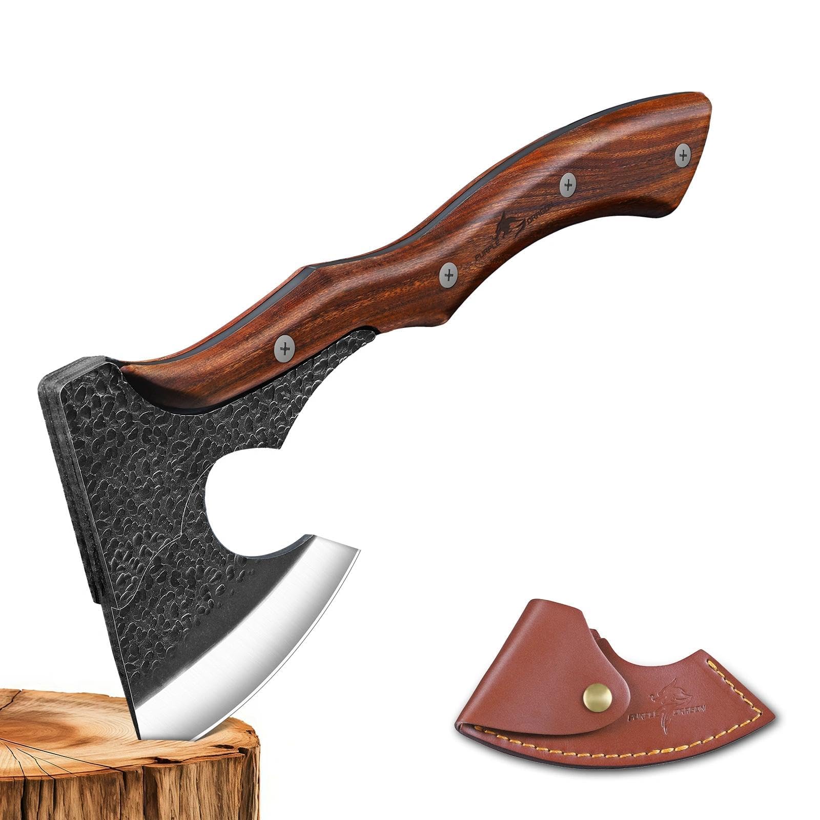 Purple Dragon Beil Axt Outdoor, Axt Holz Spalten, Spaltaxt für Holz, Handgeschmiedete Camping Axt aus Kohlenstoffstahl mit Holzgriff und Lederscheide für Survival und Wandern Geschenk für Männer