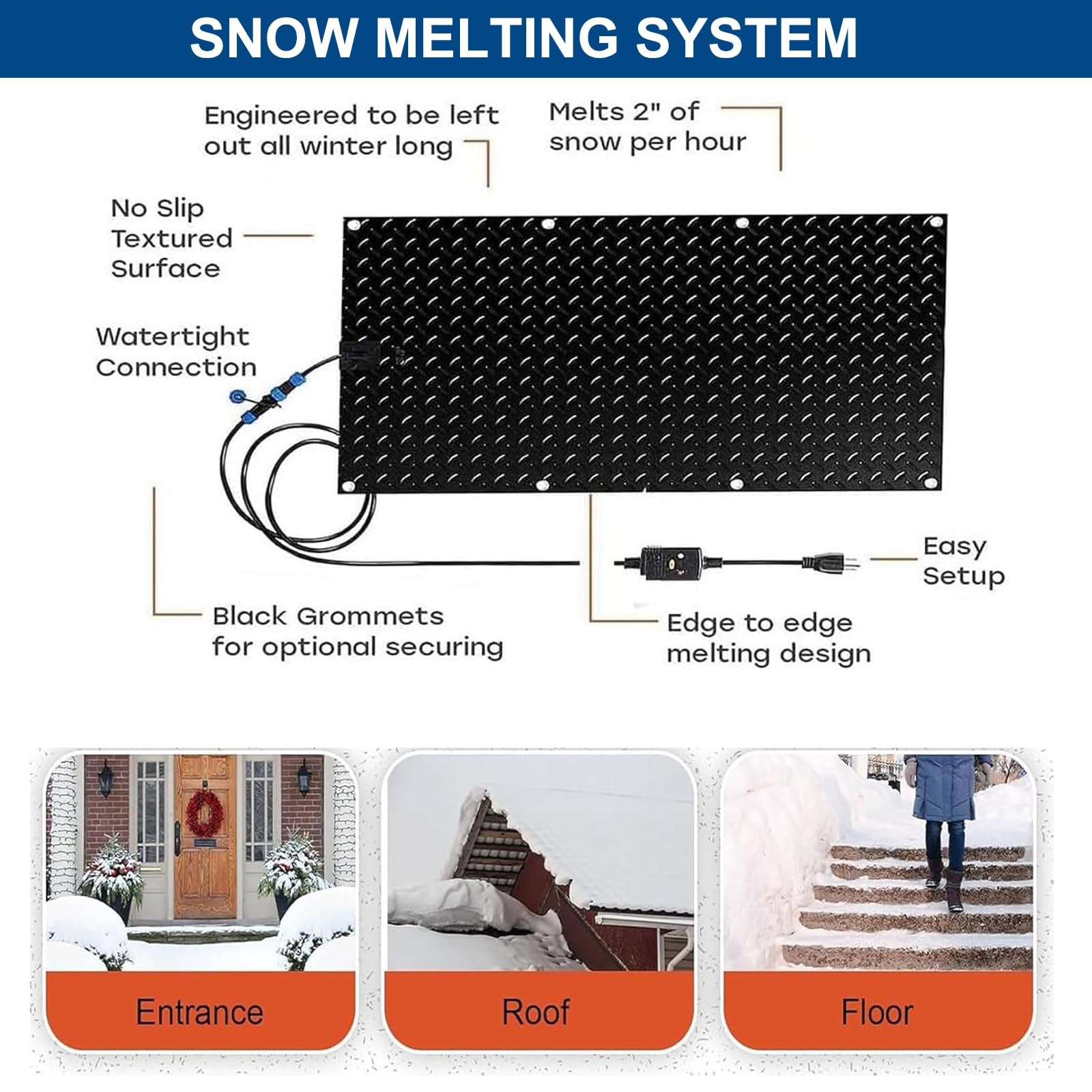 Lot de 4 tapis de fonte de neige pour extérieur, tapis d'escalier chauffant en caoutchouc antidérapant, tapis électrique pour déneigement d'hiver, tapis chauffant d'extérieur (4 pièces, 25,4 x