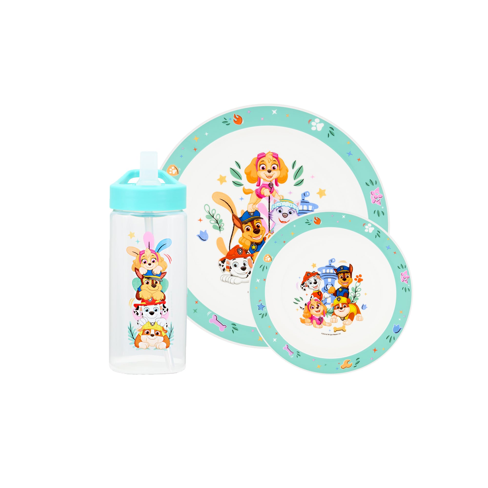 Paw Patrol Water Bottle, Plate & Bowl Set 6m+ White/Teal Colourway BPA Free 3 Piece Dining Set, Reuseable 420ml Straw Sipper, 8.5 Inch Plate, 7 Inch Bowl