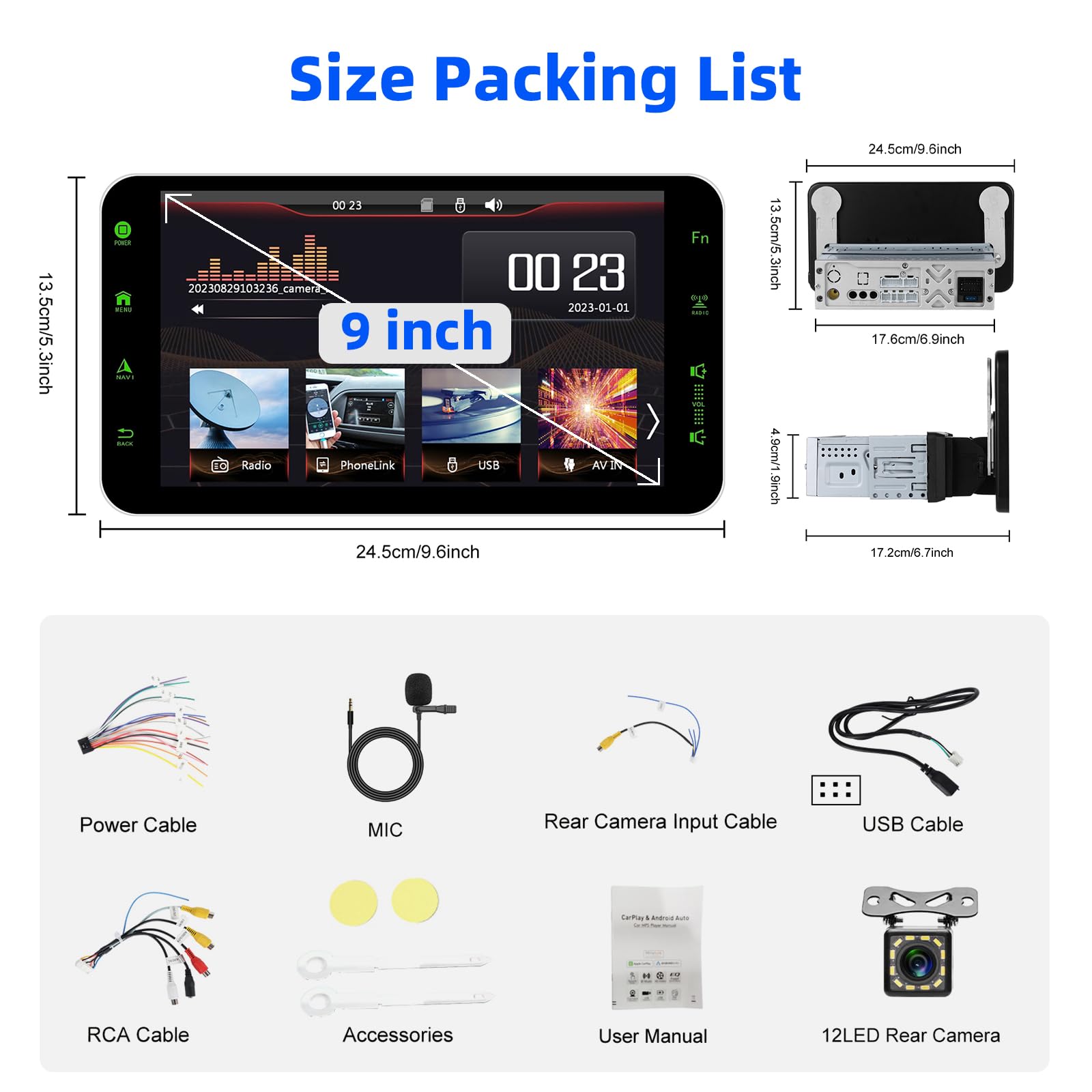 Podofo Autoradio mit Wireless A-pple CarPlay/Android Auto, Bluetooth 5.0 Drehbarer 1 DIN 9'' HD Touchscreen mit Handyhalter/Mirror Link/GPS/SWC/EQ/FM/RDS/TF/USB/Telefonhalter + Mikrofon + Rückkamera