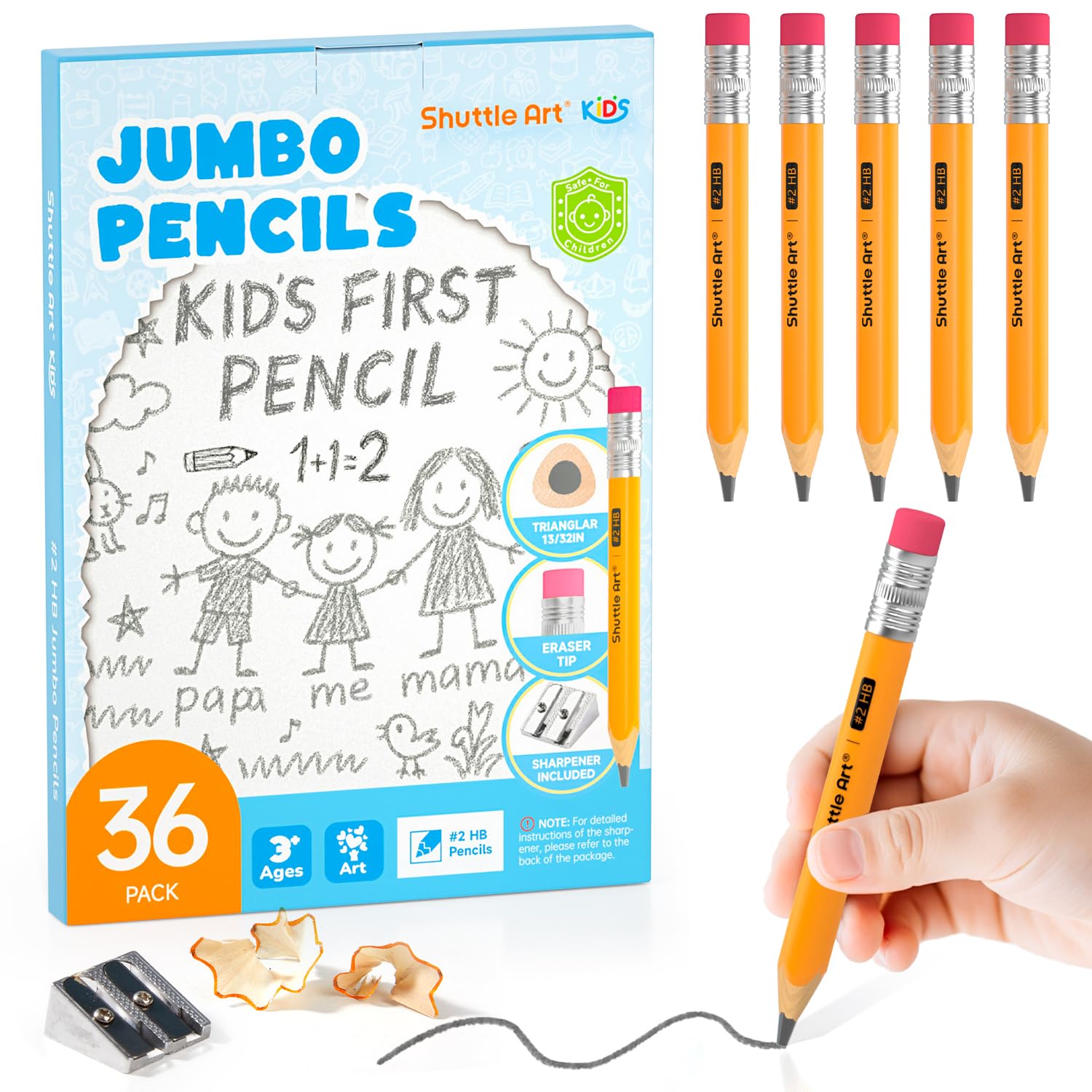 Shuttle Art Chunky Pencils - 36 Pack Pre sharpened Triangular Pencils #2 HB with Top Erasers & Sharpener, Jumbo Pencil for kids Ages 4-8, Kindergarten School Supplies, Ideal for Home, Classroom
