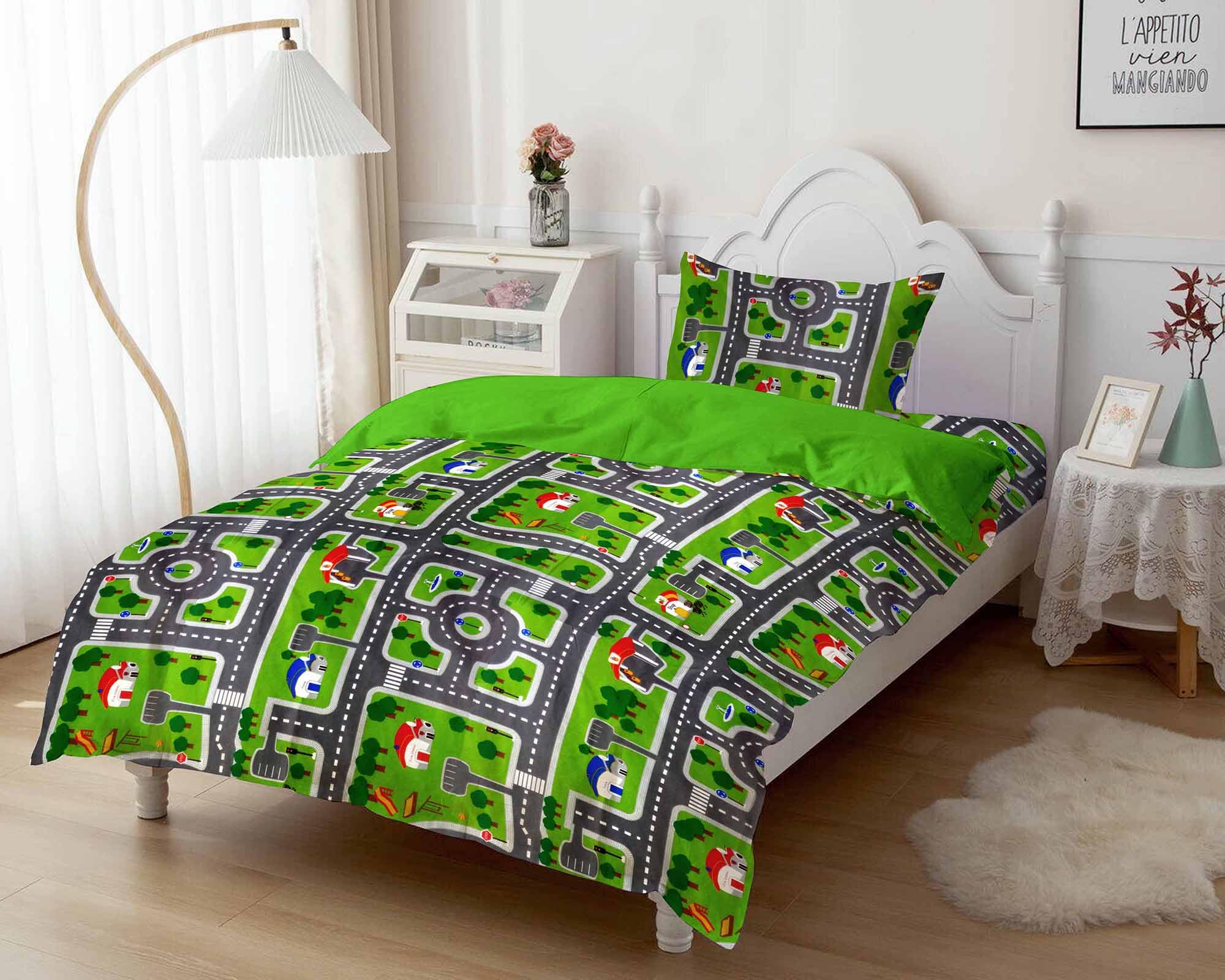 Generic Cotton Bed sheet for Kids - Cartoon Printed Bed Cover, Cozy and colorful bedsheet for Single Size Junior's Bed - Junior Size Bedsheet with Pillow Cover - Road Map Print - (145x225 CM)