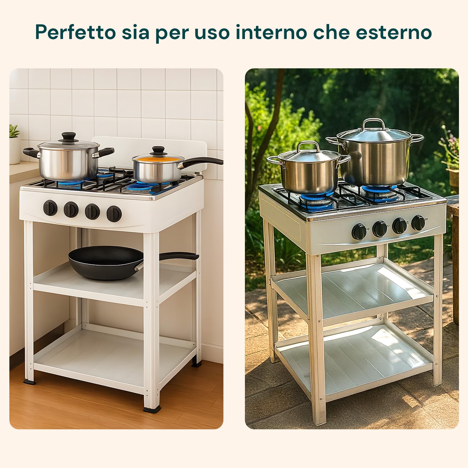 Avilia - Piano Cottura 4 Fuochi Gas per Esterno con Struttura Resistente in Metallo, Ripiani Laterali in Acciaio, Collegamento Bombola GPL, Ideale per Campeggio e Grigliate (Bianco)