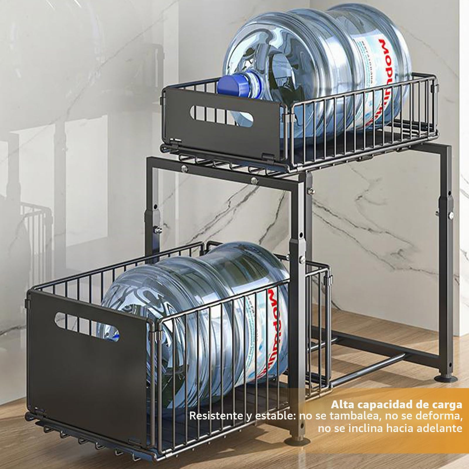 Juego de 2 Organizadores Bajo Fregadero con Cestas Extraíbles – Estante de Cocina Ajustable en Altura de Acero al Carbono, Estable y Antideslizante, Almacenamiento para Cocina, Baño y Despensa