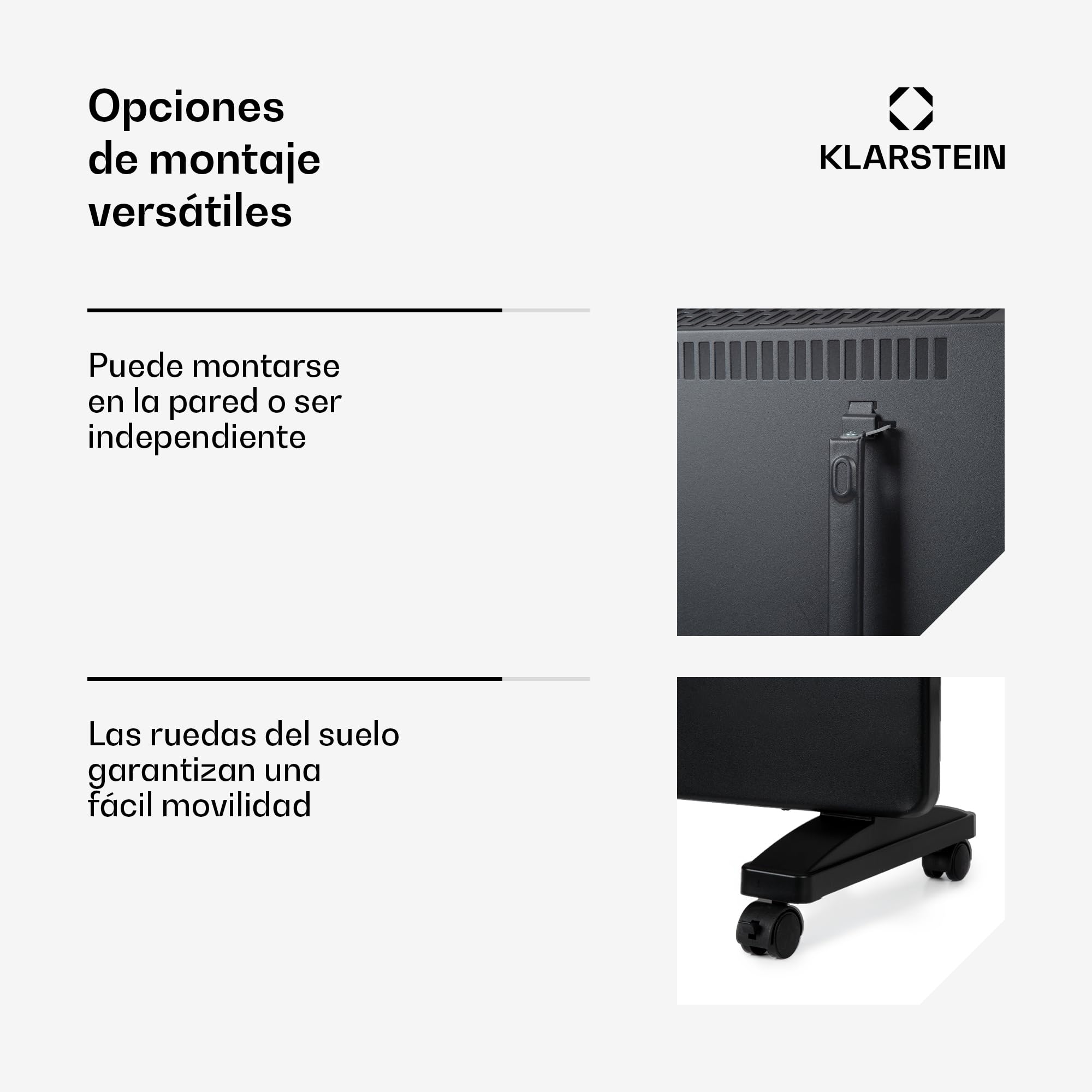 Klarstein Radiadores Bajo Consumo Electricos para Casa, Estufa Electrica de 2500W con Ruedas, Radiador Electrico Silencioso, Portátil y Delgado, Estufas con Panel para Montar en Pared y Termostato