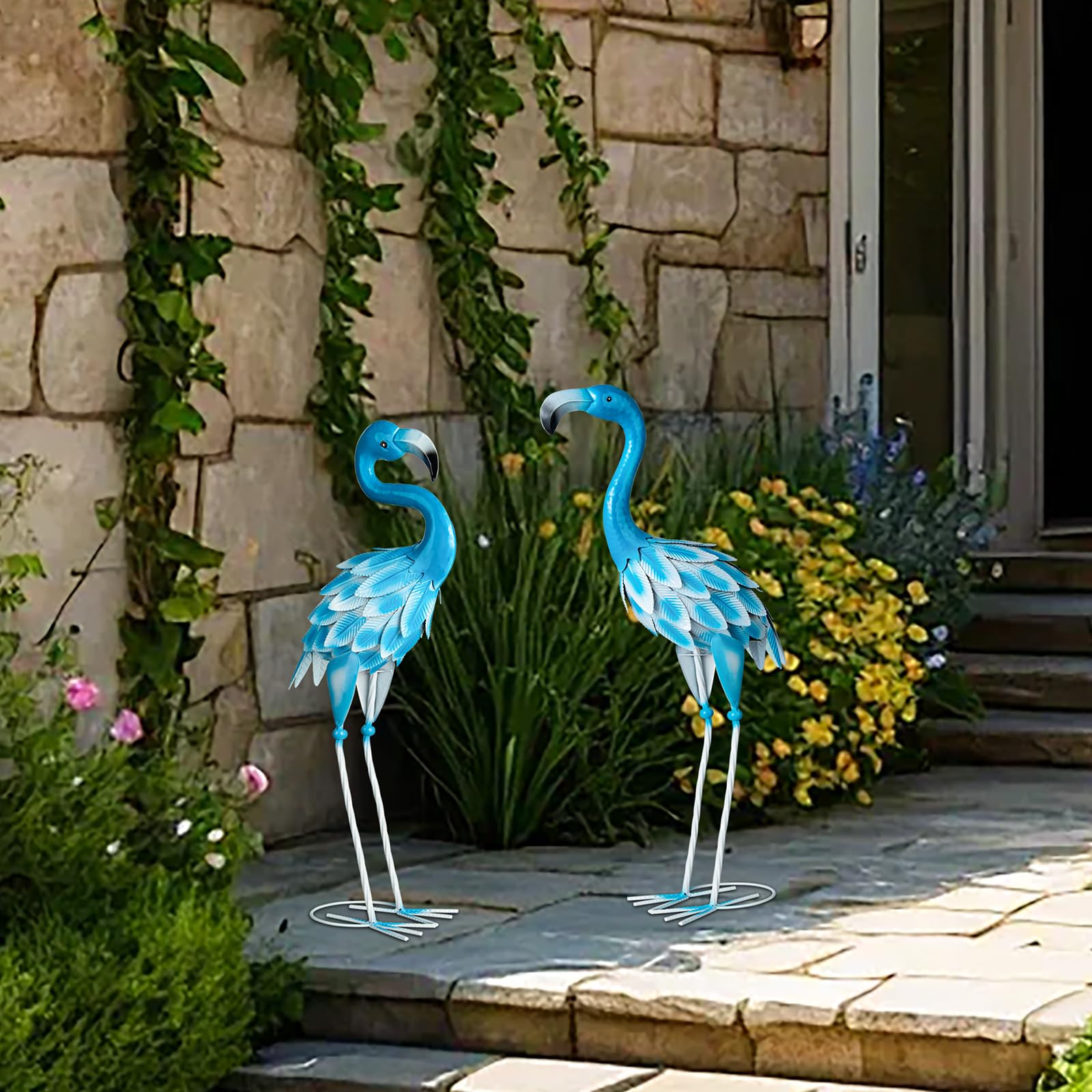 2 pezzi blu fenicottero yard statue artistiche, metallo fenicottero sculture da giardino per esterni, casa, terrazza, prato, cortile
