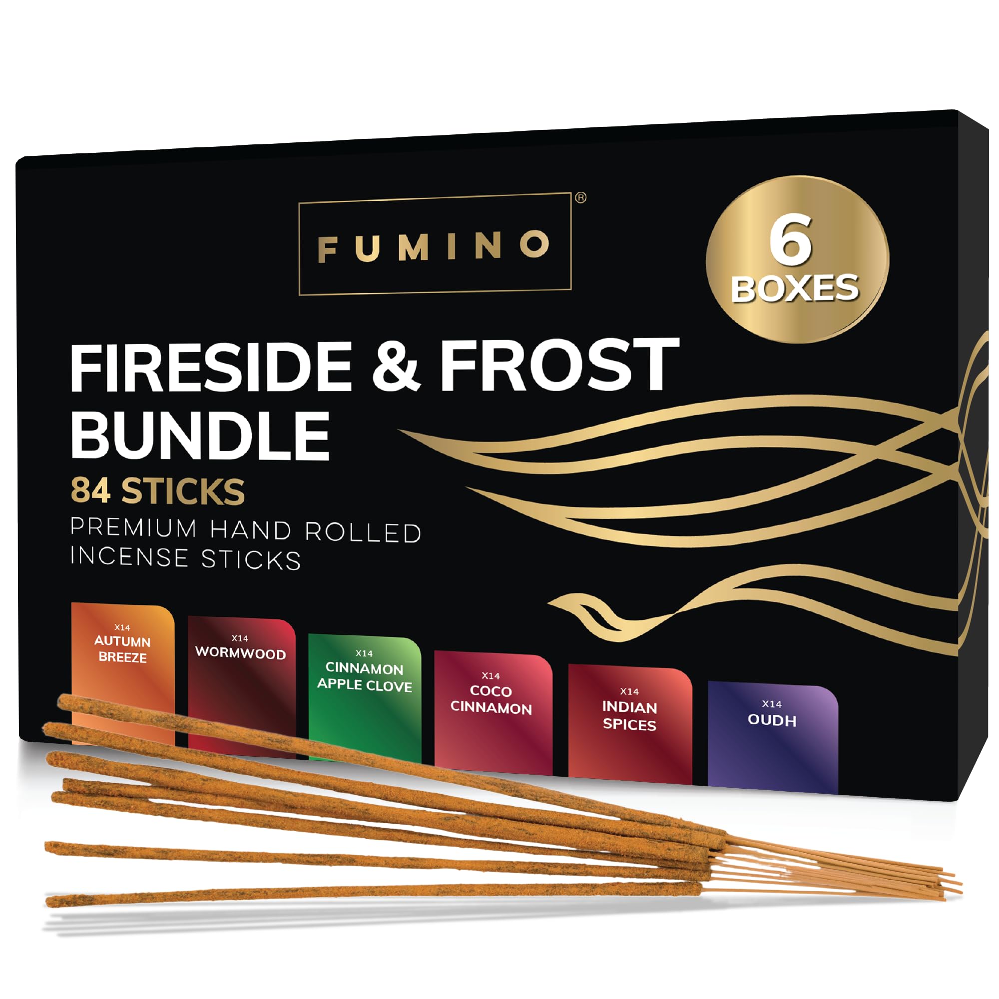 Incense Sticks Fumino Fresh Handmade Multipack Fireside & Frost Bundle 6 Boxes 84 Pieces (90g) Masala Agarbatti Joss Scent Fragrance for Relaxation and Meditation, Home and House Decor