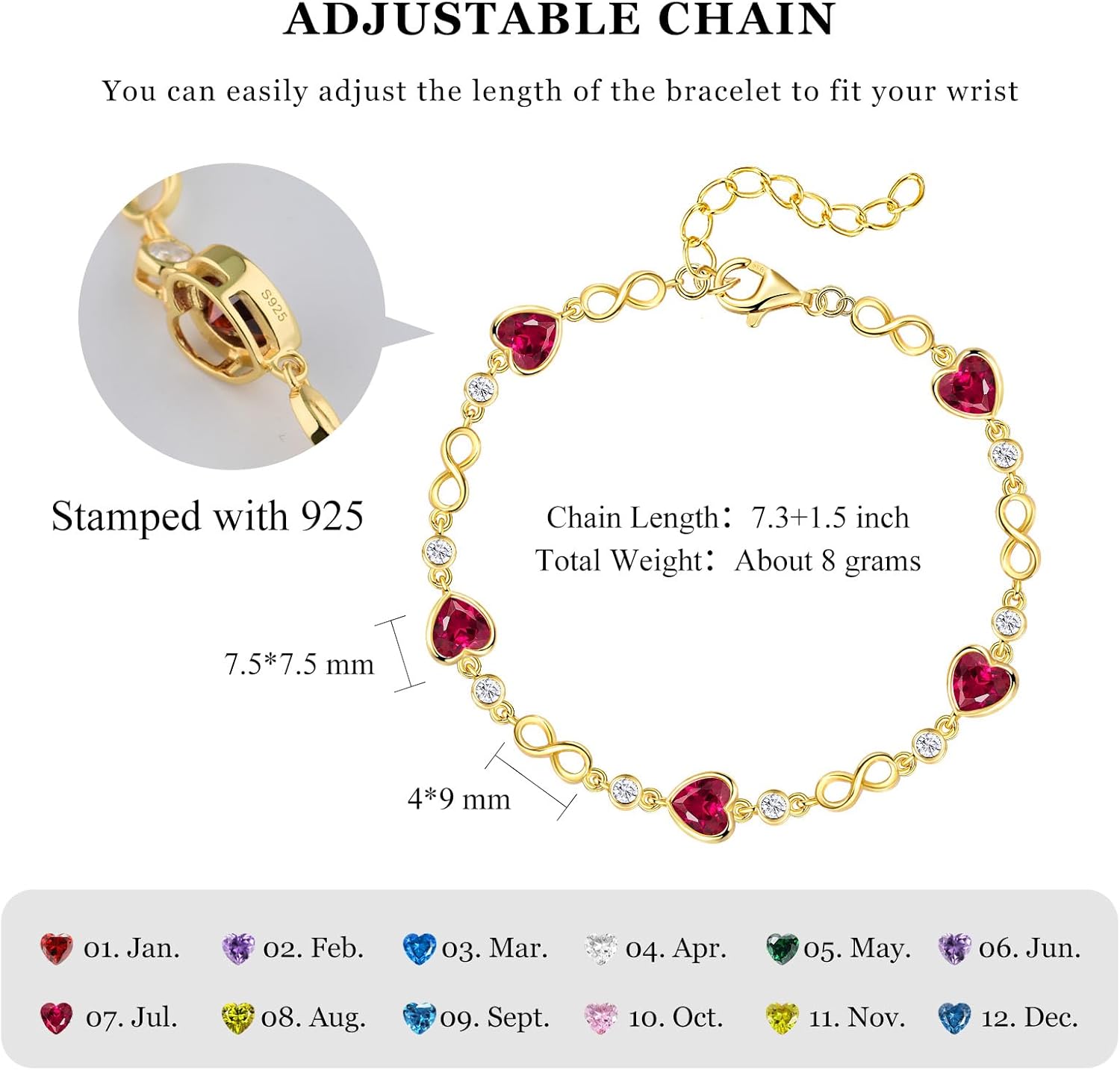 Valentine's Day Gift for Her | Sterling Silver Birthstone Bracelet for Women | Ideal Birthday Anniversary Jewelry | 14k G Plated Infinity Heart Link Adjustable Bracelet, Gifts for Wife Mom Girlfriend - Image 5