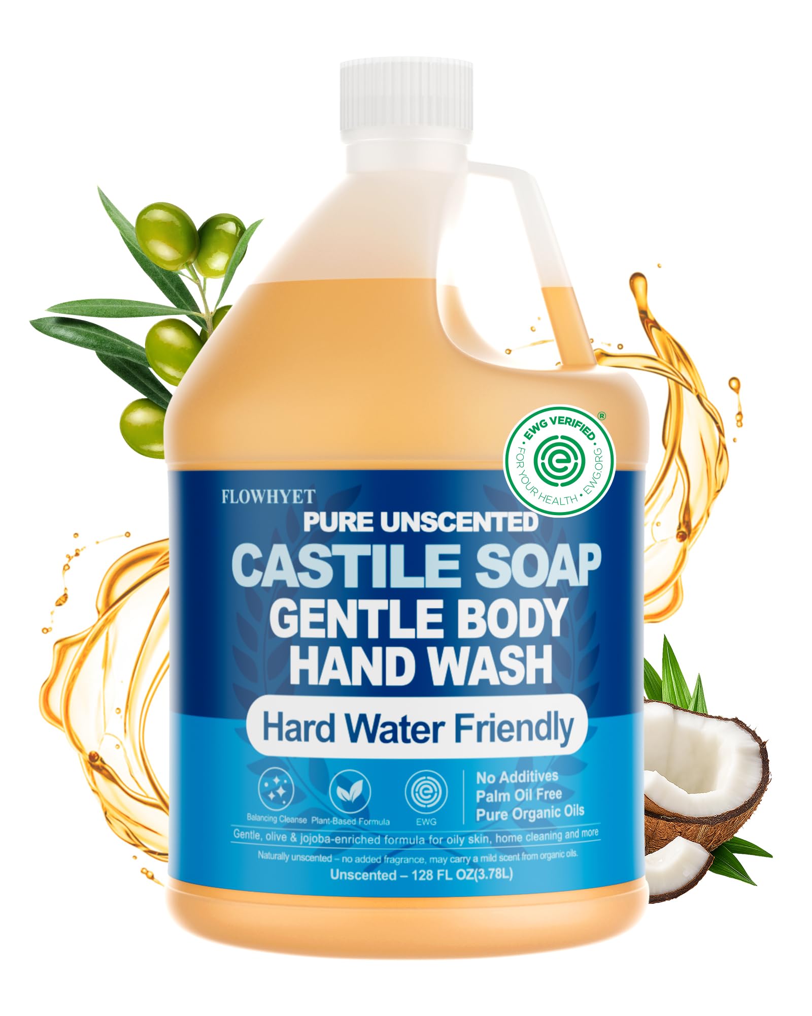 FLOWHYET EWG Verified Pure Castile Soap Liquid, Unscented, 1 Gallon