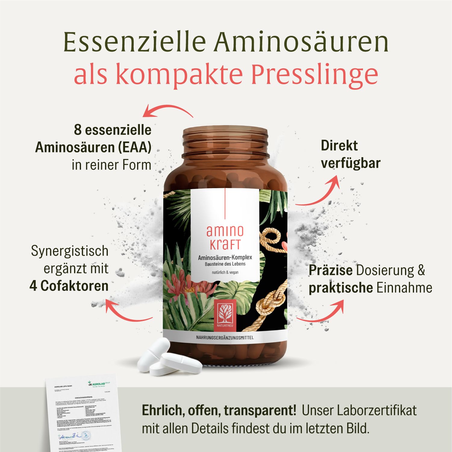 Aminosäuren Komplex hochdosiert - 180 vegane Amino Tabletten mit je 6000 mg pro Tagesdosis mit 12 verschiedenen Aminosäuren - EAA Pattern Presslinge von NATURTREU