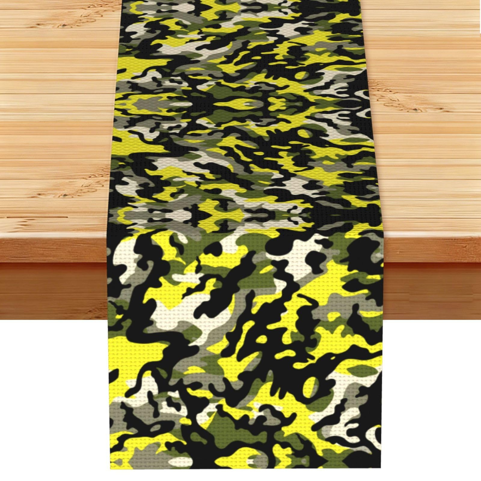 Bright Yellow Green Camo Printed Table Runner 13 x 72, Wrinkle Resistant Decor for Dining Table Coffee Table Fireplace