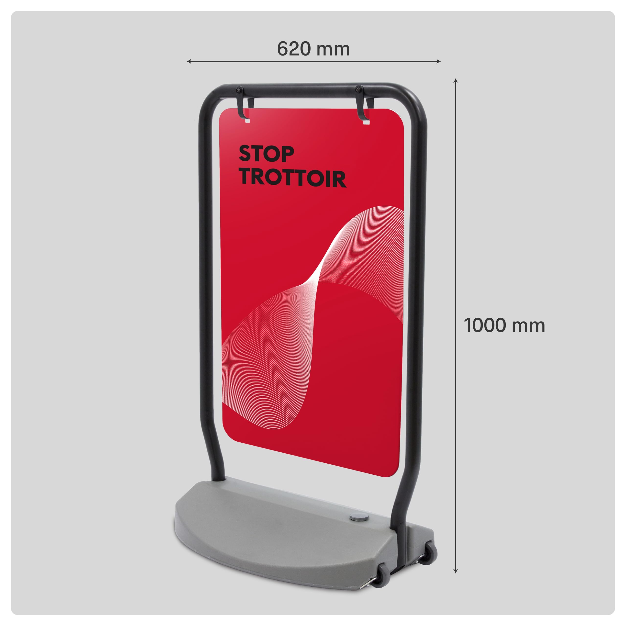 Support publicitaire extérieur avec base rechargeable et roues | Présentoir sur pied avec graphique double face | Affiche pour magasins, foires et événements en plein air