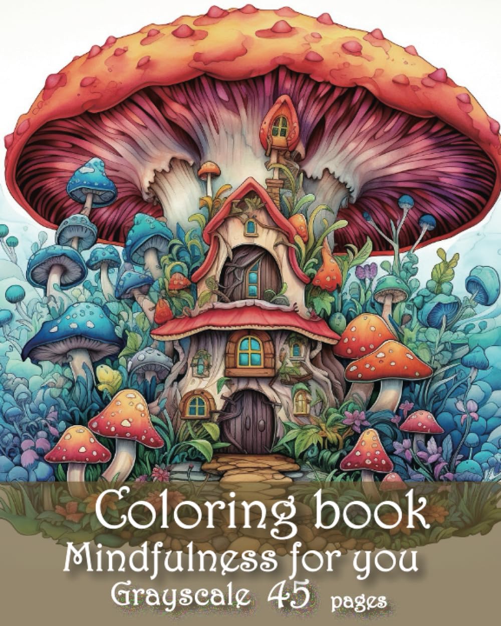 Coloring book - Mushroom House - Grayscale: 45 Fantastic Illustrated for Adults (Mindfulness Coloring Book for Adult Relaxation and Stress Relief)