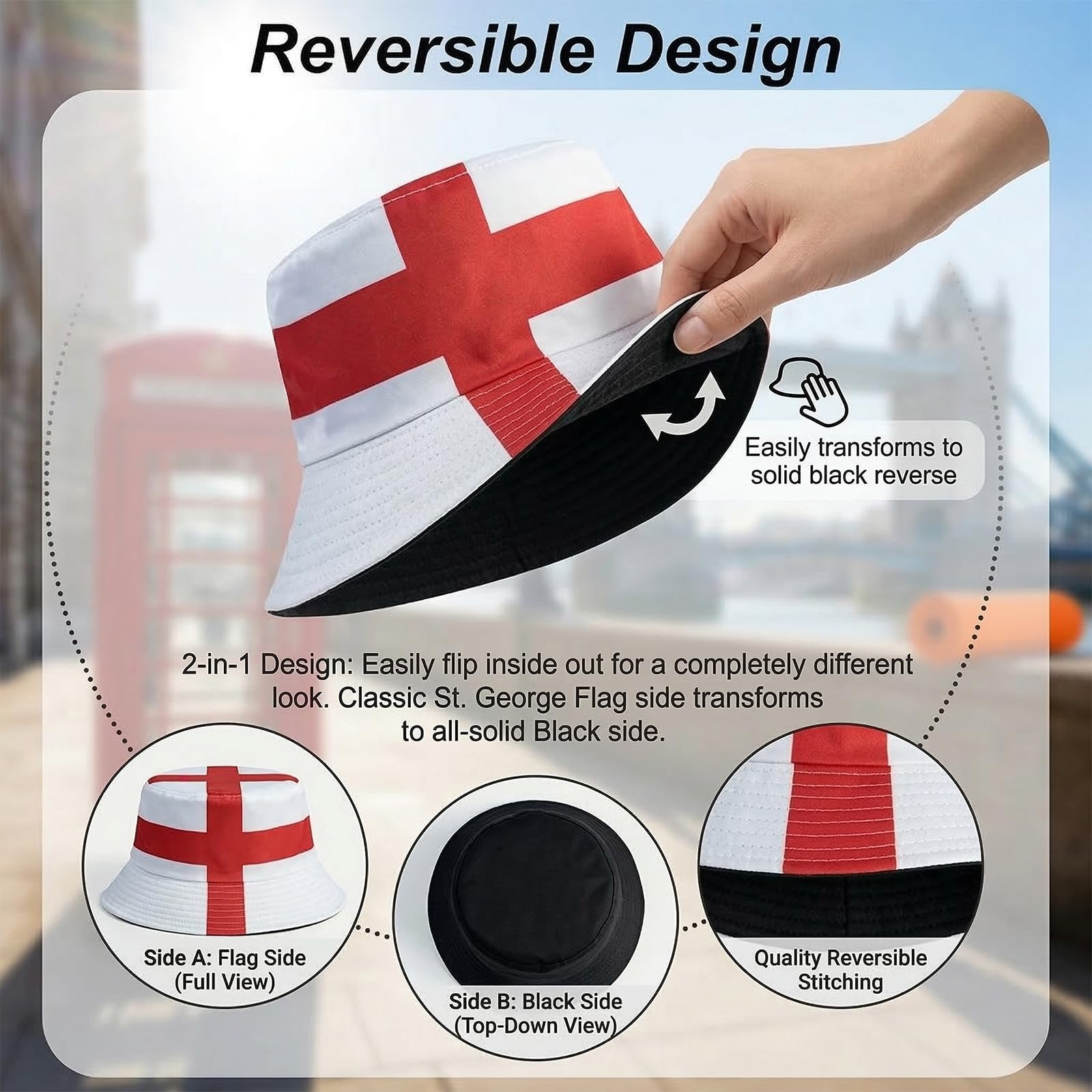 England Bucket Hat Reversible St George's Cross Polyester Sun Hat (56-58cm) Essential Football Fan Gear for Men & Women World Cup 2026 & St George's Day - 4