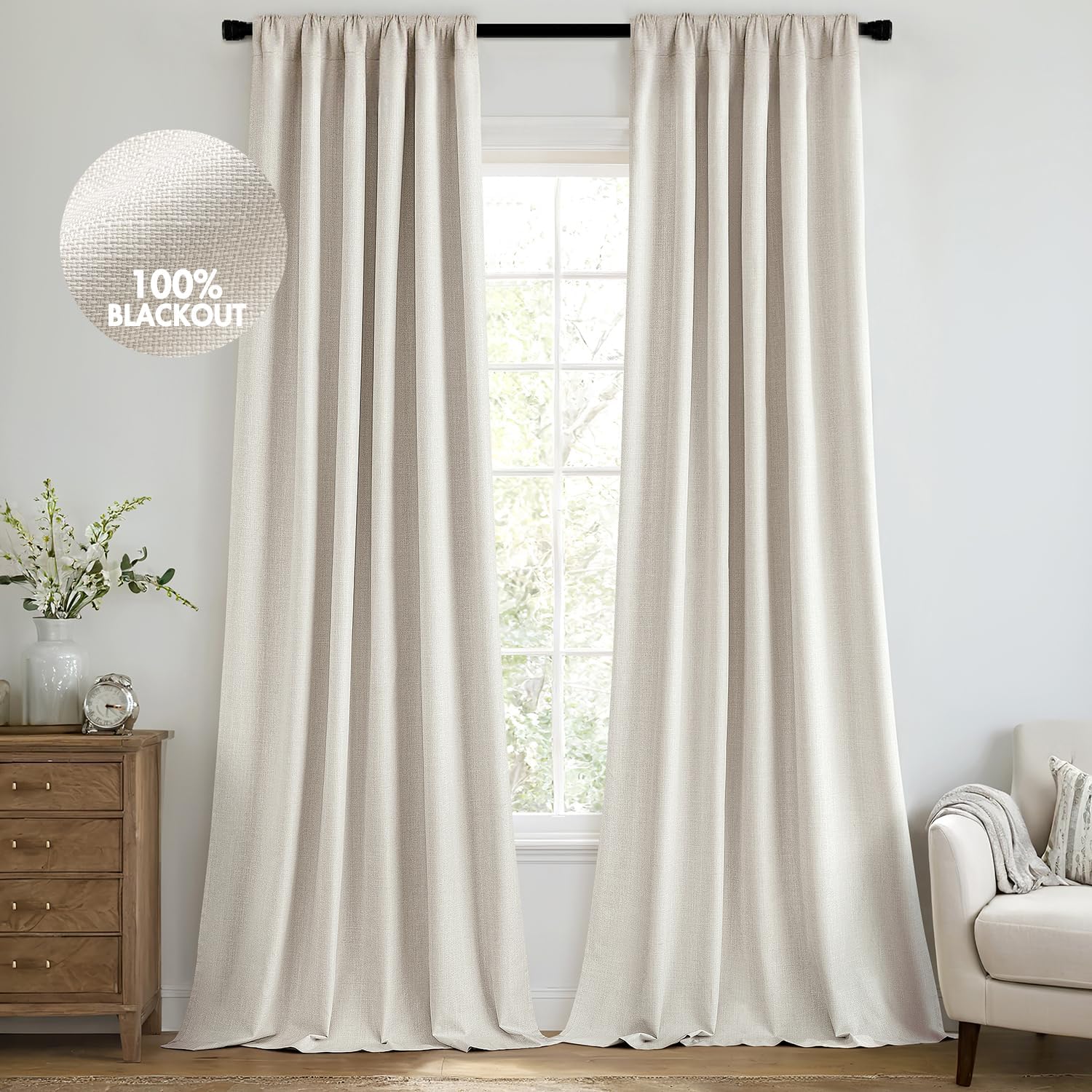 MIULEE 100% Blackout Curtains 96 Inch Long 2 Panels Set for Bedroom, Thick Faux Linen Black Out Curtain Room Darkening Back Tab Pleated Floor to Ceiling Window Drapes with Hooks for Living Room, Birch Birch 50"W x 96"L (Pack of 2)
