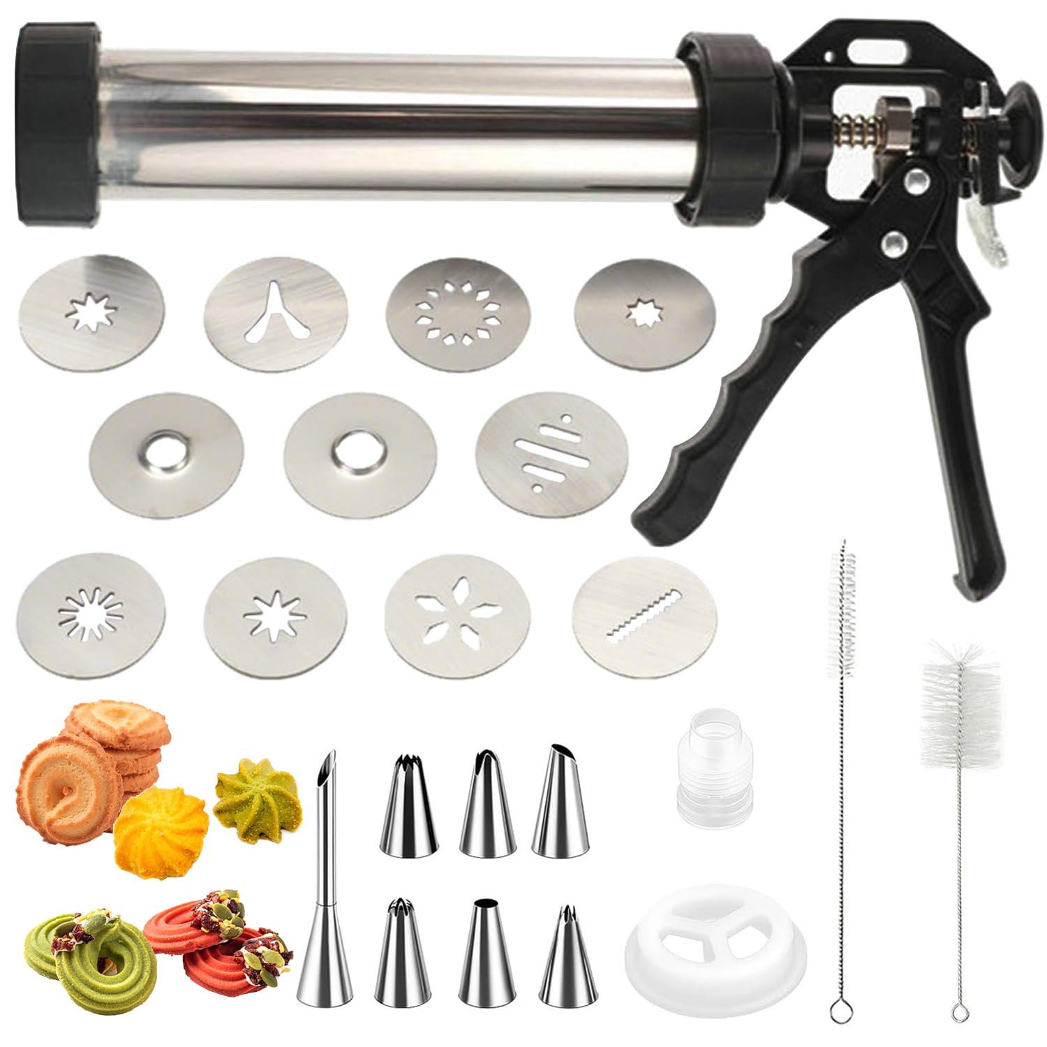Churro Maker Edelstahl Gebäckpresse, Spritzgebäck Presse mit 10 Schablonen und 7 Edelstahl Tüllen, Teigspritze Kekspresse Gebäckspritze, Plätzchenpresse Backzubehör für Kuchen Dessert Cookie Presse