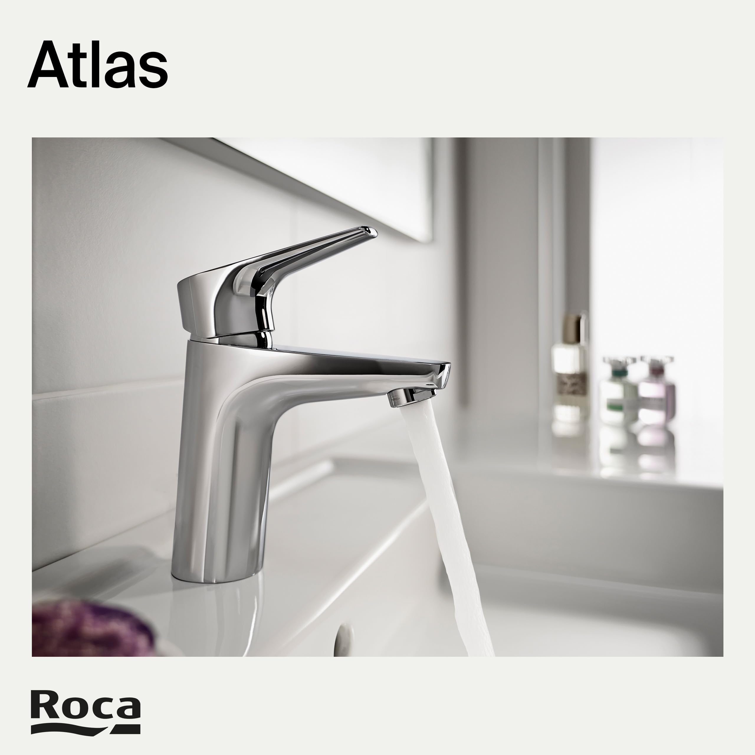Roca Atlas Grifería para lavabo con tecnología Cold Start, grifo monomando de repisa con enlaces de alimentación flexibles, mezclador para cuarto de baño de fácil instalación, cromado, A5A3290C00