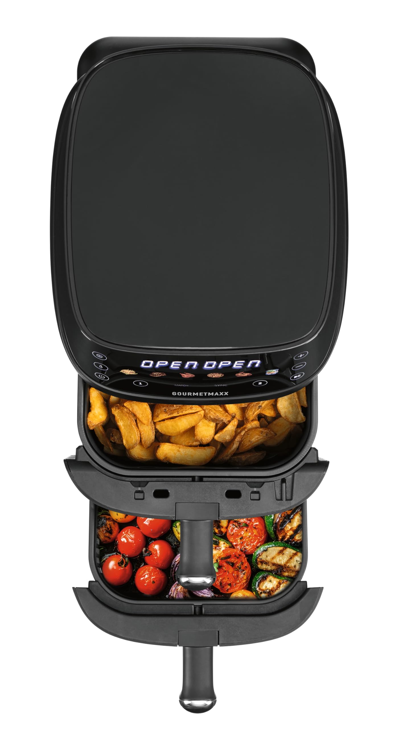 GOURMETmaxx FryUp Pionowa frytkownica na gorące powietrze z podwójną komorą XS, Airfryer z wyświetlaczem dotykowym MultiColour LED, 2 komory, pojemność 5 l (2 x 2,5 l), podwójna komora, 2 poziomy